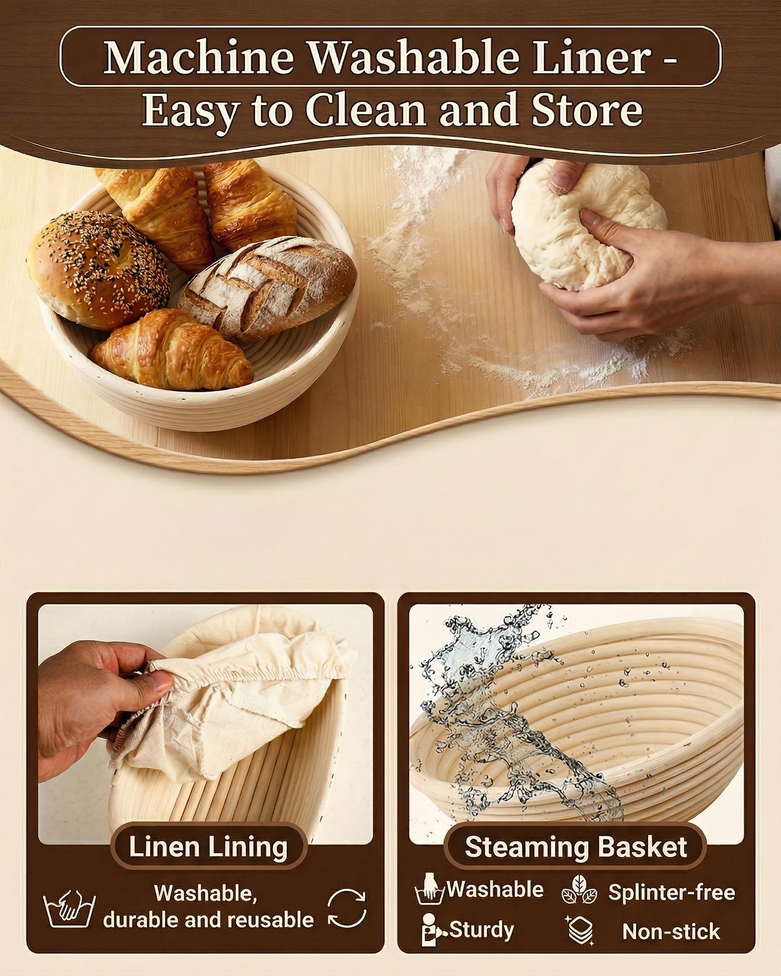 Cestini Lievitazione Pane Set, Cestino Lievitazione Pane Ovale 25cm e Rotondo 23cm con Coltello da Pane, Panni di Lievitazione, Sacchetti per il Pane, Raschietto per Impasto, Frusta