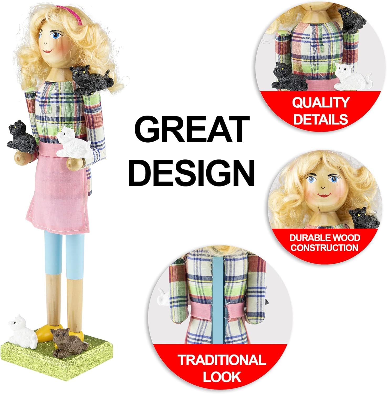 Clever Creations Cat Lady 14 Inch Traditional Wooden Nutcracker, Festive Christmas Décor for Shelves and Tables