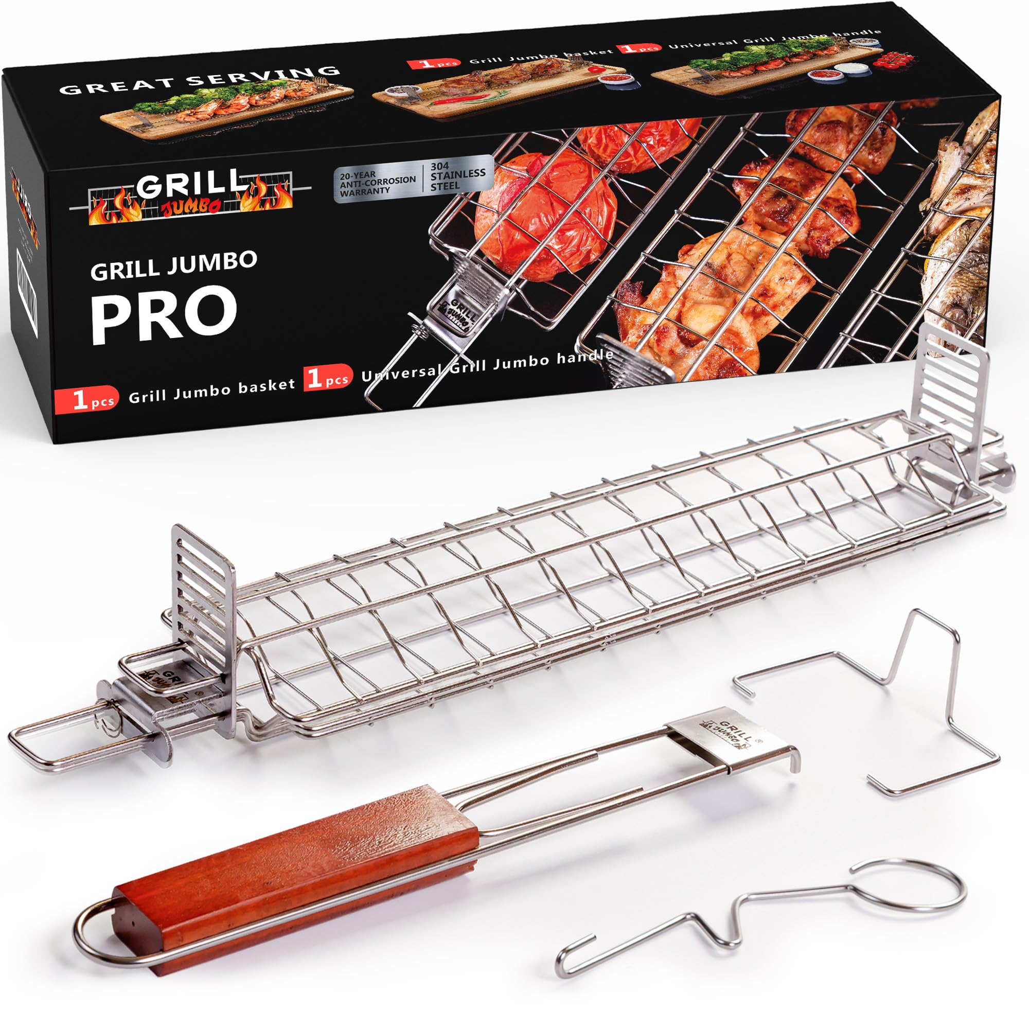 Basis-Set – 1 Verstellbarer Grillkorb mit Doppel-Gittereinsatz aus Edelstahl für Holzkohlegrill, Gasgrill, Tandoor, BBQ, Smoker – Für Innen- und Außenbereich (Geschenke für männer)