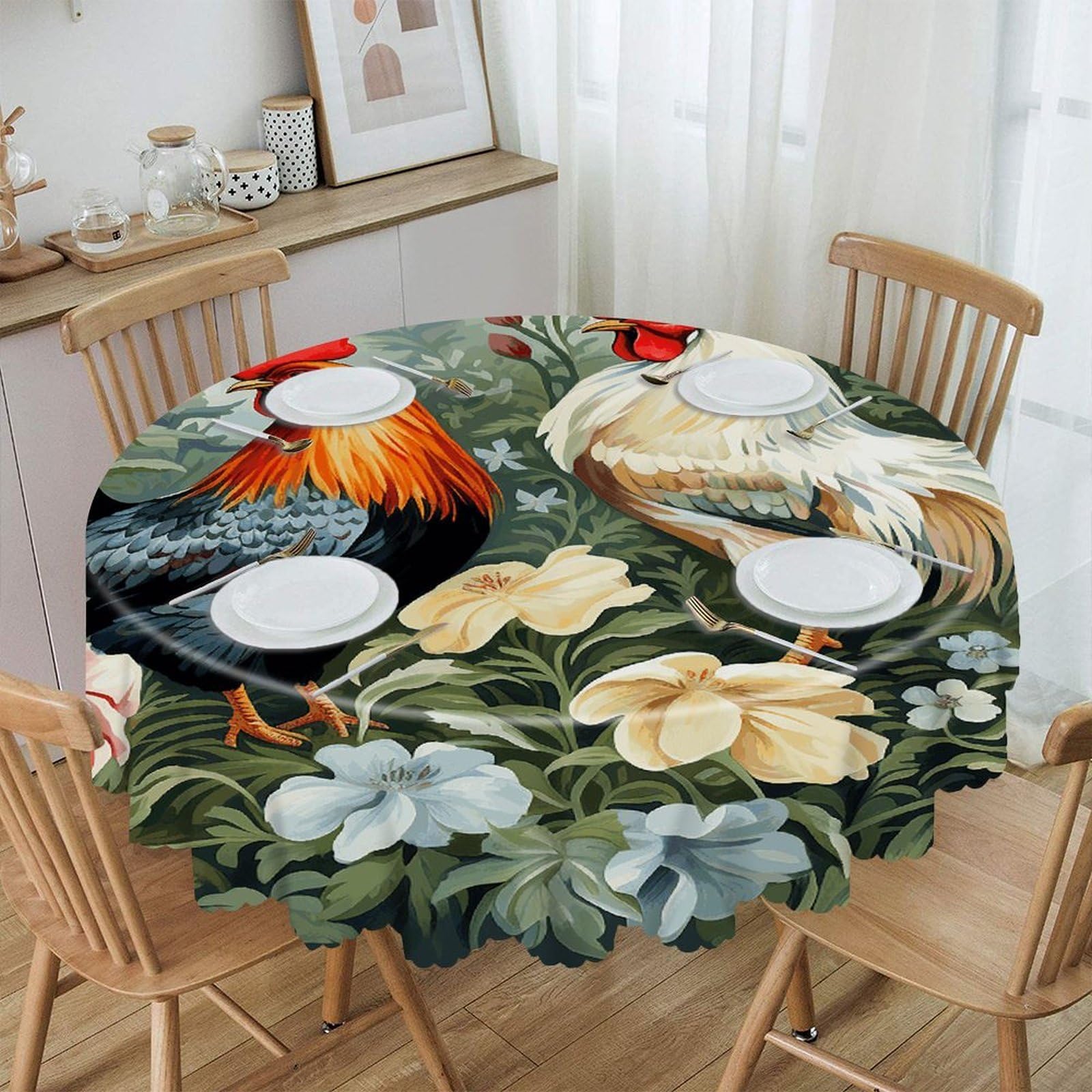 VstaDank Rooster Round Tablecloth Premium Polyester Table Cloth Heavy Duty Washable Fabric Tablecloth Waterproof Holiday Table Cover Decorative Tablecloths for Dining 60"