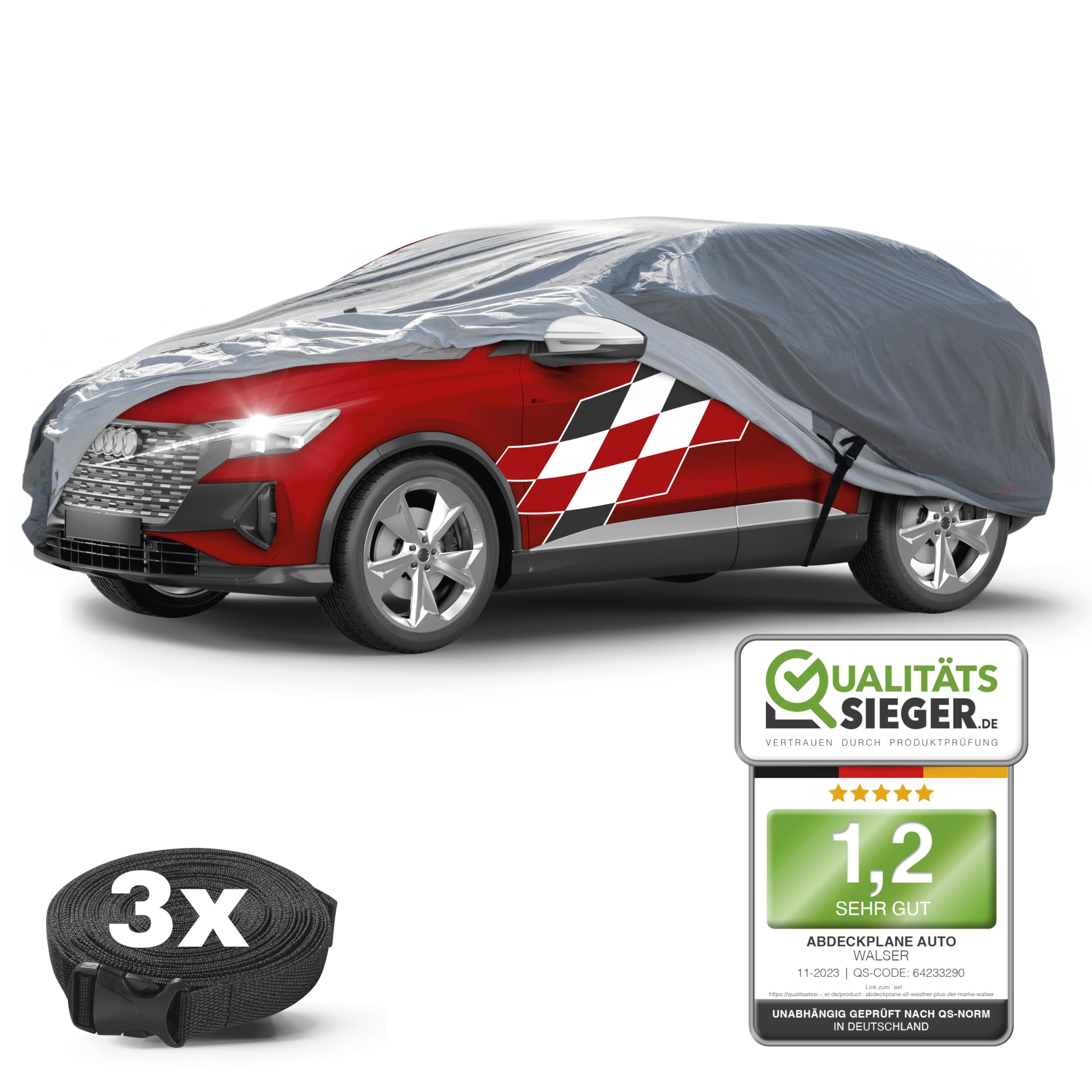 WALSER Premium Abdeckplane Auto All Weather Plus Qualitätssieger Sehr Gut*, Abdeckplane wasserdicht, Auto Abdeckplane, Autoplane UV-beständig, Autoabdeckung Outdoor, Abdeckung SUV/Van Größe 9 grau