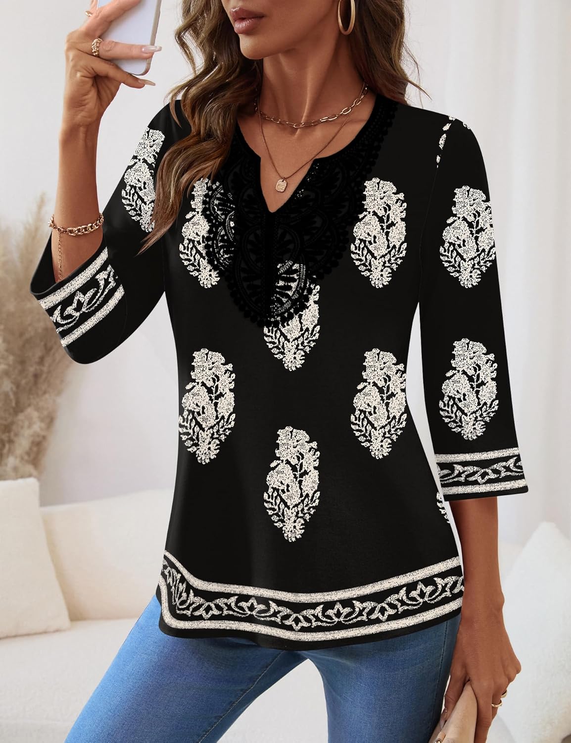Ivicoer 3/4 Length Sleeve Womens Tops Boho V Neck Lace Shirt Vacation Clothes Trendy Blouses Dressy Casual - Image 3