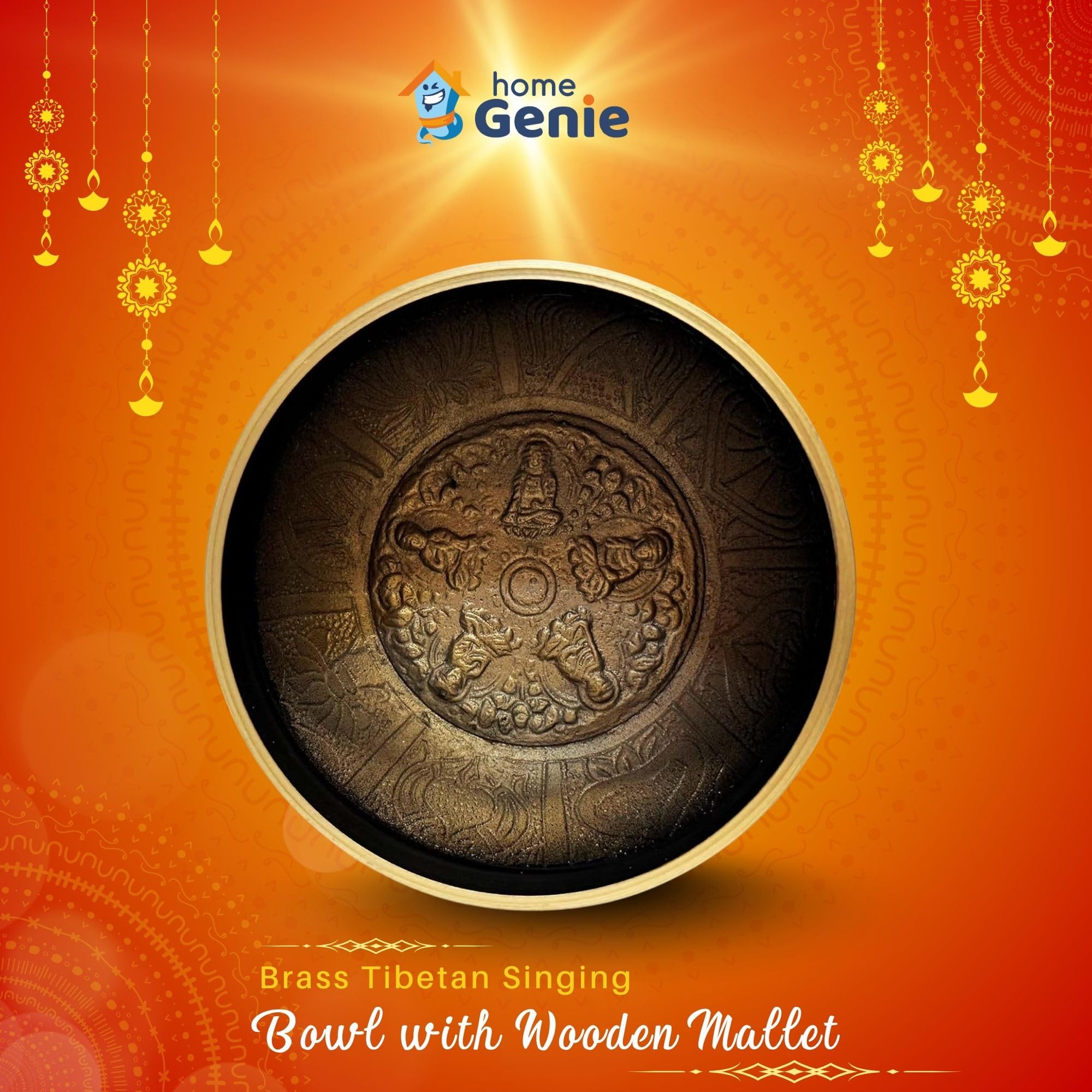 HOME GENIE Brass Tibetan Singing Bowl with Wooden Mallet, Black, M(10X10cm) - Image 3
