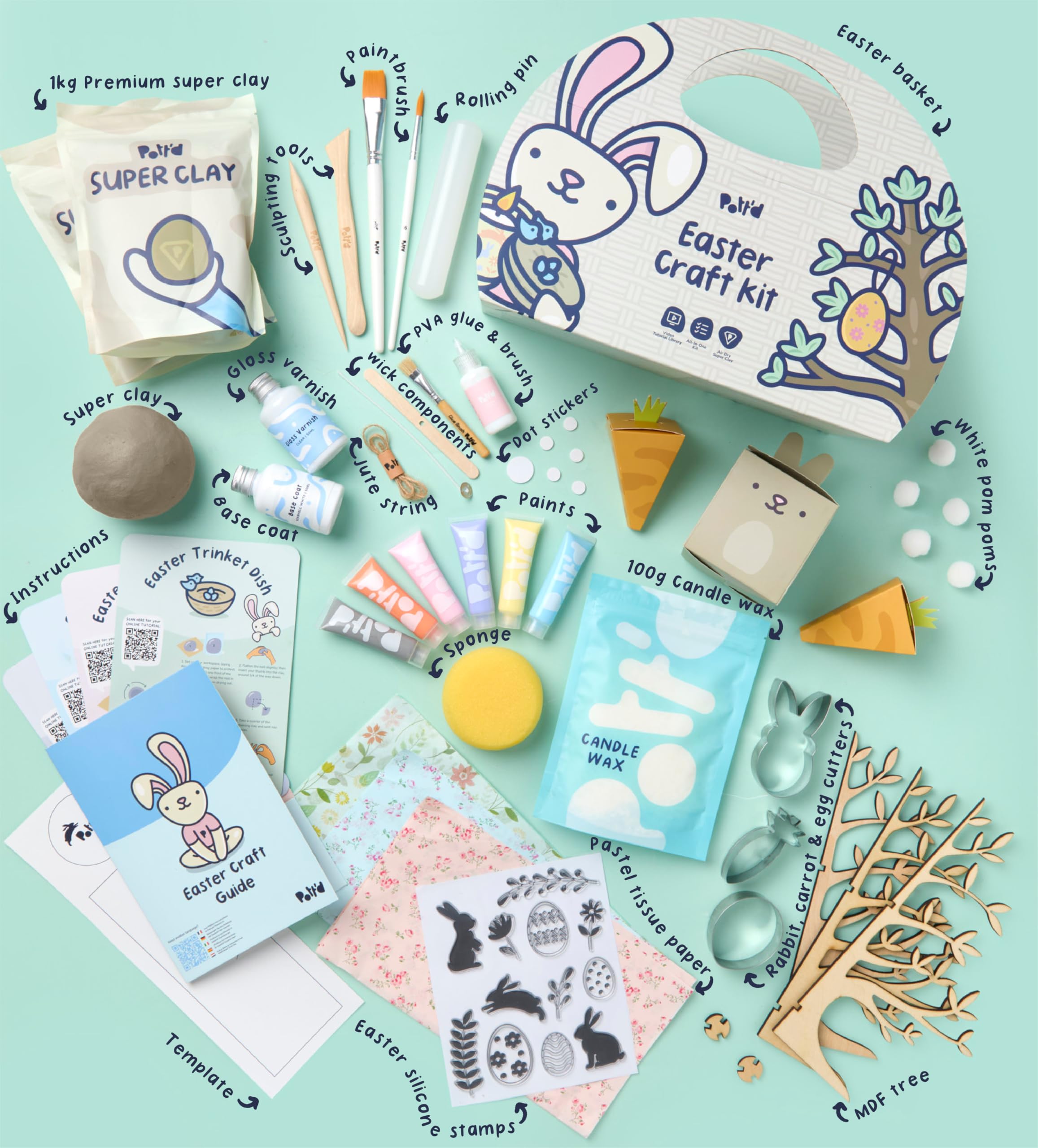 Pott’d Osterbastelset Für Erwachsene Mit Lufttrocknendem Ton, Basteln Ostern Erwachsene DIY Set Für Osterschmuck Basteln, Töpferset Für Zuhause Für Anfänger Mit Werkzeugen Und Farben