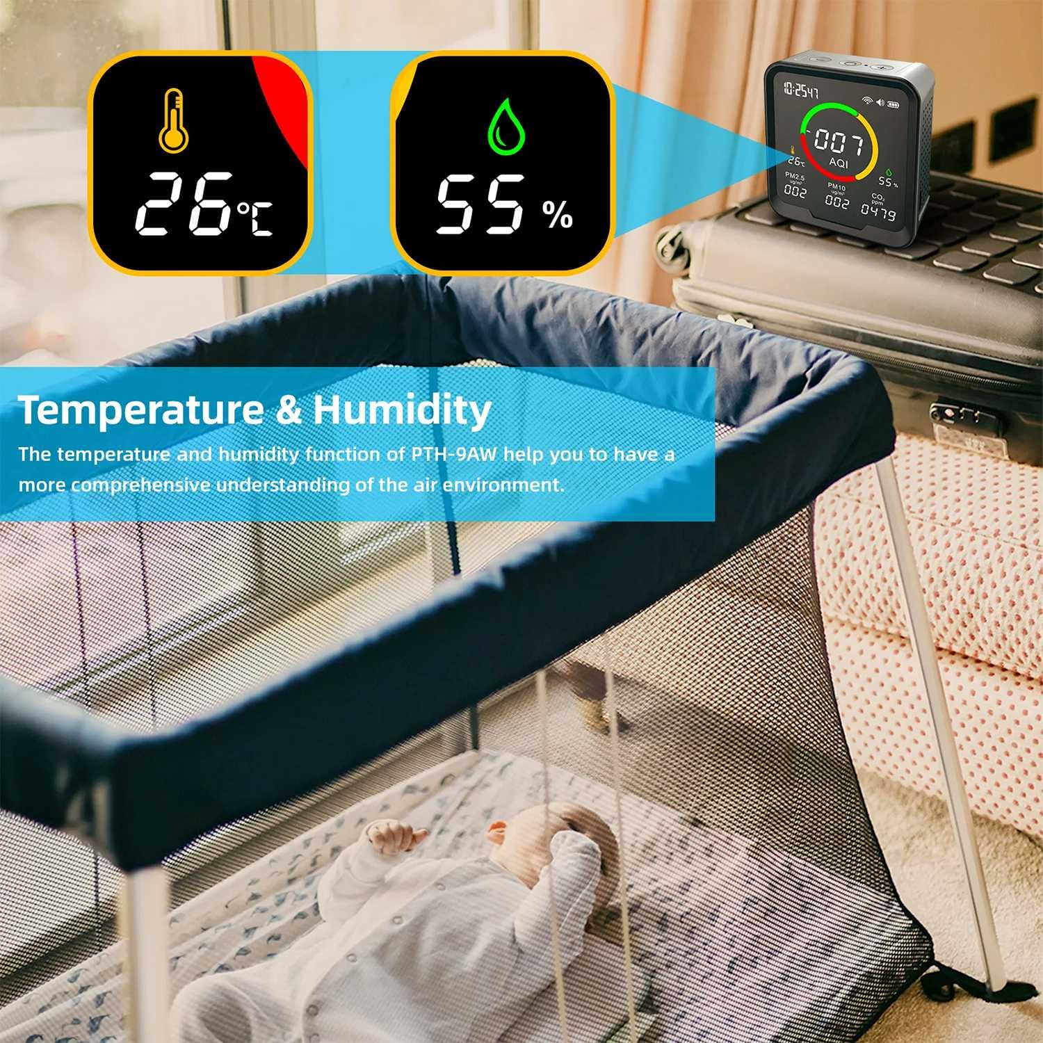 Detector de CO2 PTH-9AW Detector de CO2 portátil con monitor medidor de dióxido probador digital de temperatura y humedad reloj PTH 9AW