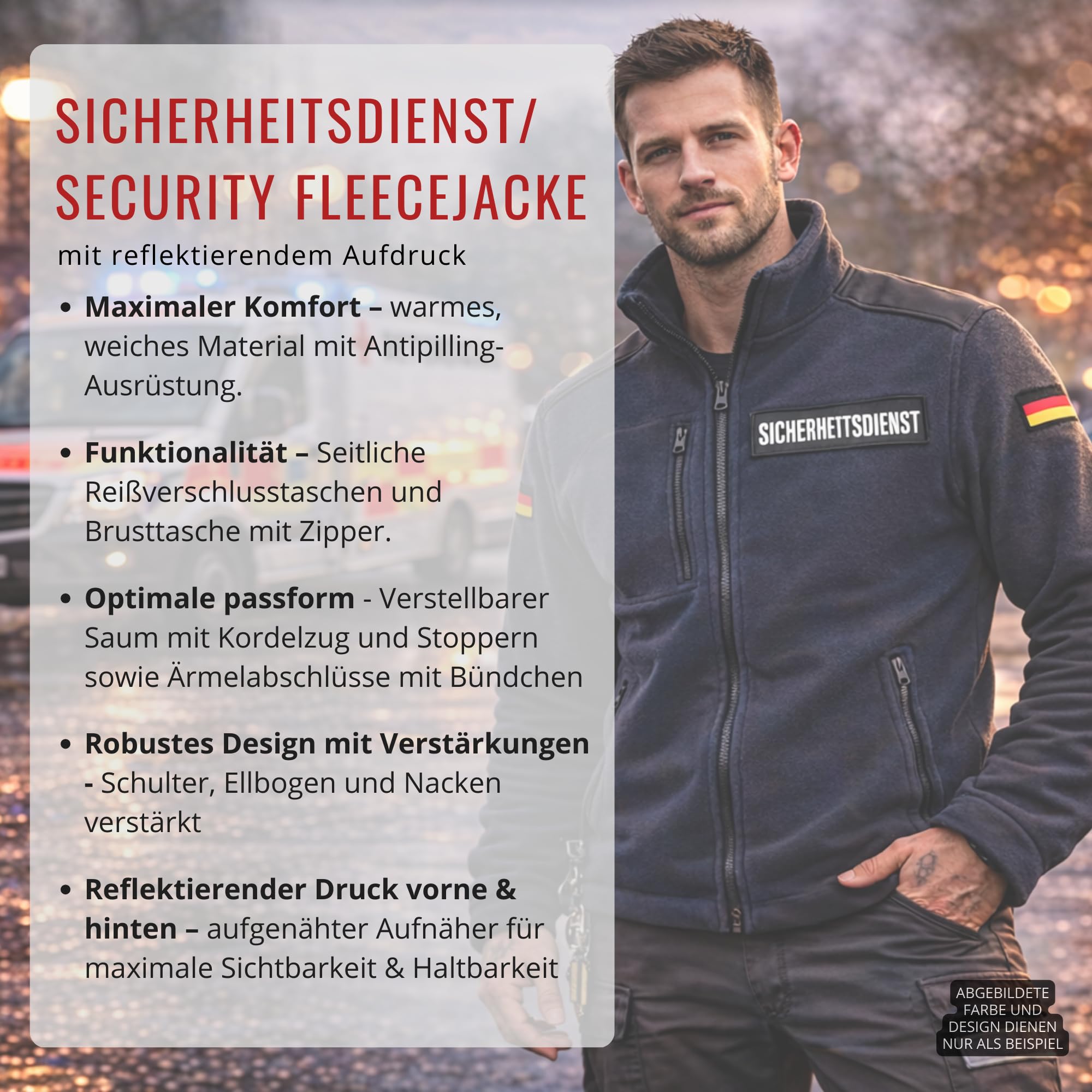 Sicherheitsdienst Fleecejacke Herren – Funktionale Arbeitsjacke aus warmem Polar-Fleece mit Aufdruck vorne & hinten, ideal als HI VIZ Security Fleece Jacke, Wachschutz, wahlweise mit Deutschlandflagge