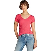 Tommy Jeans Tjw Slim Essential Rib V SS Dw0Dw17385, Top in Maglia a Maniche Corte, Donna, Rosso (Amour), XXS