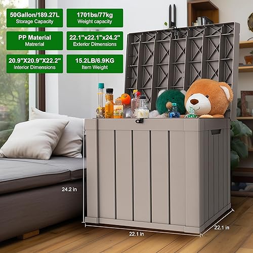 Miniatura 5 de KFY Caja de cubierta de 50 galones, material de resina para todo tipo de clima, caja de almacenamiento al aire libre, fácil de instalar y portátil,