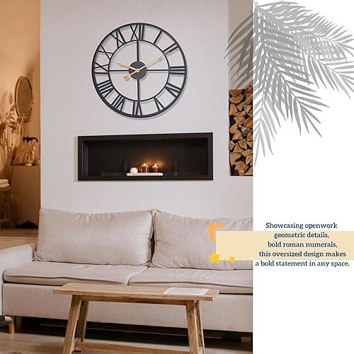 Miniatura 5 de Qukueoy Reloj de pared grande de metal de 20 pulgadas de grosor, reloj industrial decorativo para el hogar con números romanos grandes, decoración