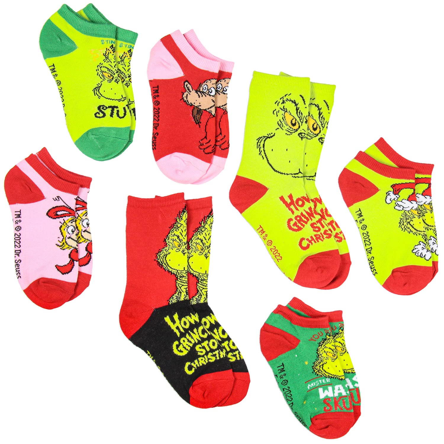 Bioworld Dr Seuss Kids How Grinch Stole Christmas Week of Socks Mix and Match - Juego de 7 pares de cajas de regalo (tamaño de calcetín 7-9), Multi colorido, 7-9
