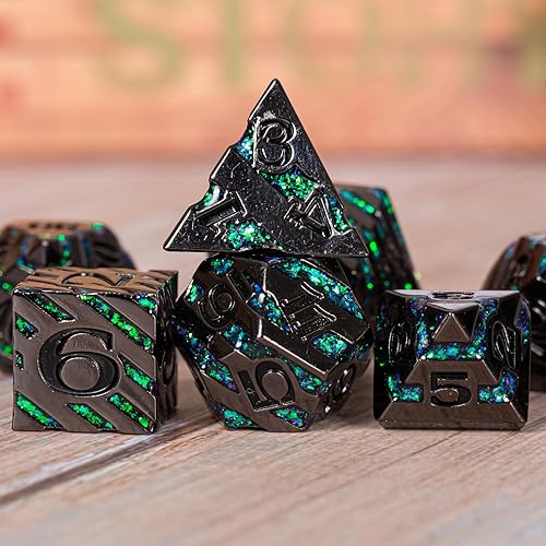 Miniatura 4 de Dados de rayas de metal, dados DND de rayas metálicas sólidas con purpurina con caja de metal de regalo para juego de mesa de Calabozos y Dragones