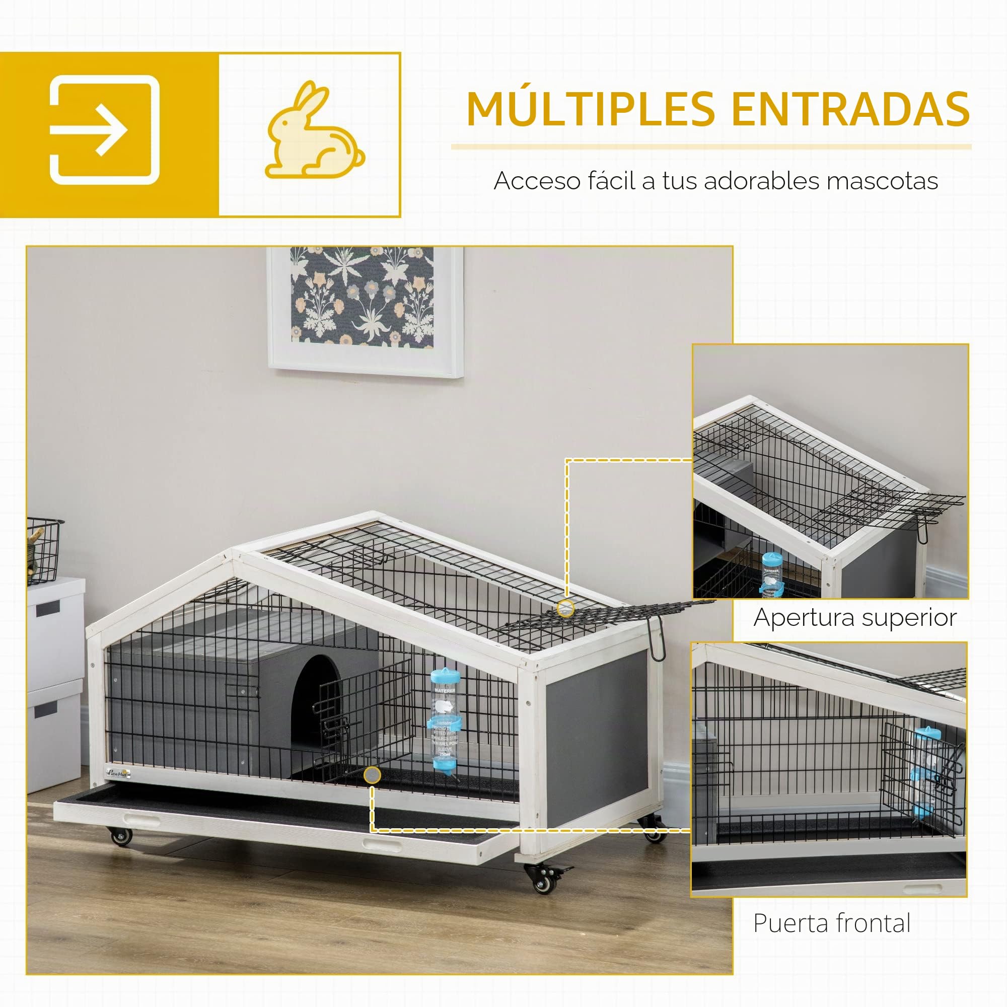PawHut Rabbit Hutch, Guinea Pig Cage, Small Animal House Bunny Run w/Water Bottle, Wheels, Plastic Slide-out Tray, for Indoors - Dark Grey
