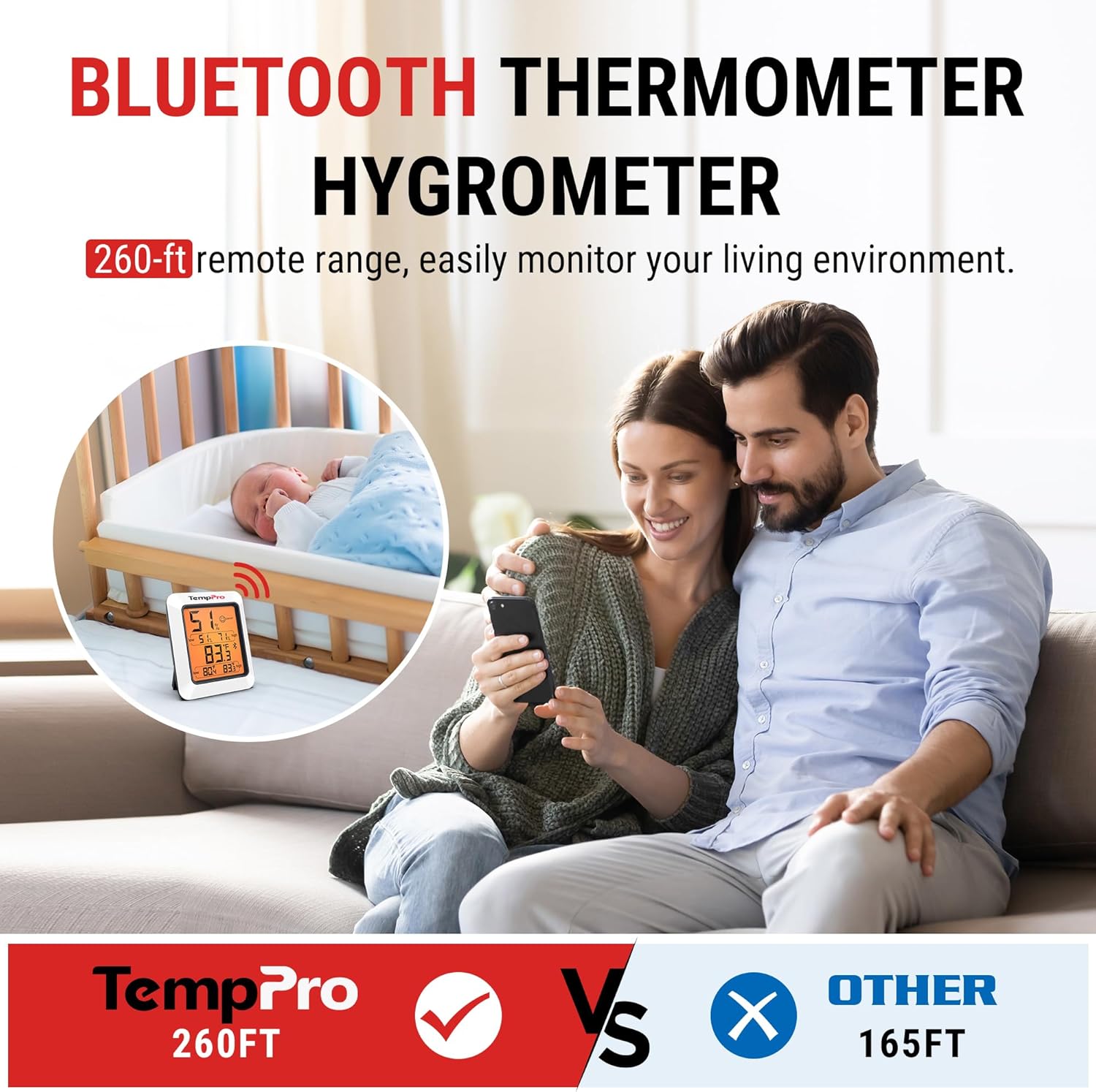 TempPro Hygrometer Thermometer for House, Bluetooth Room Indoor Greenhouse Thermometer Monitor Up to 260FT, Backlit Humidity Meter Temperature Sensor with 2-Year Data Export(Previously ThermoPro)