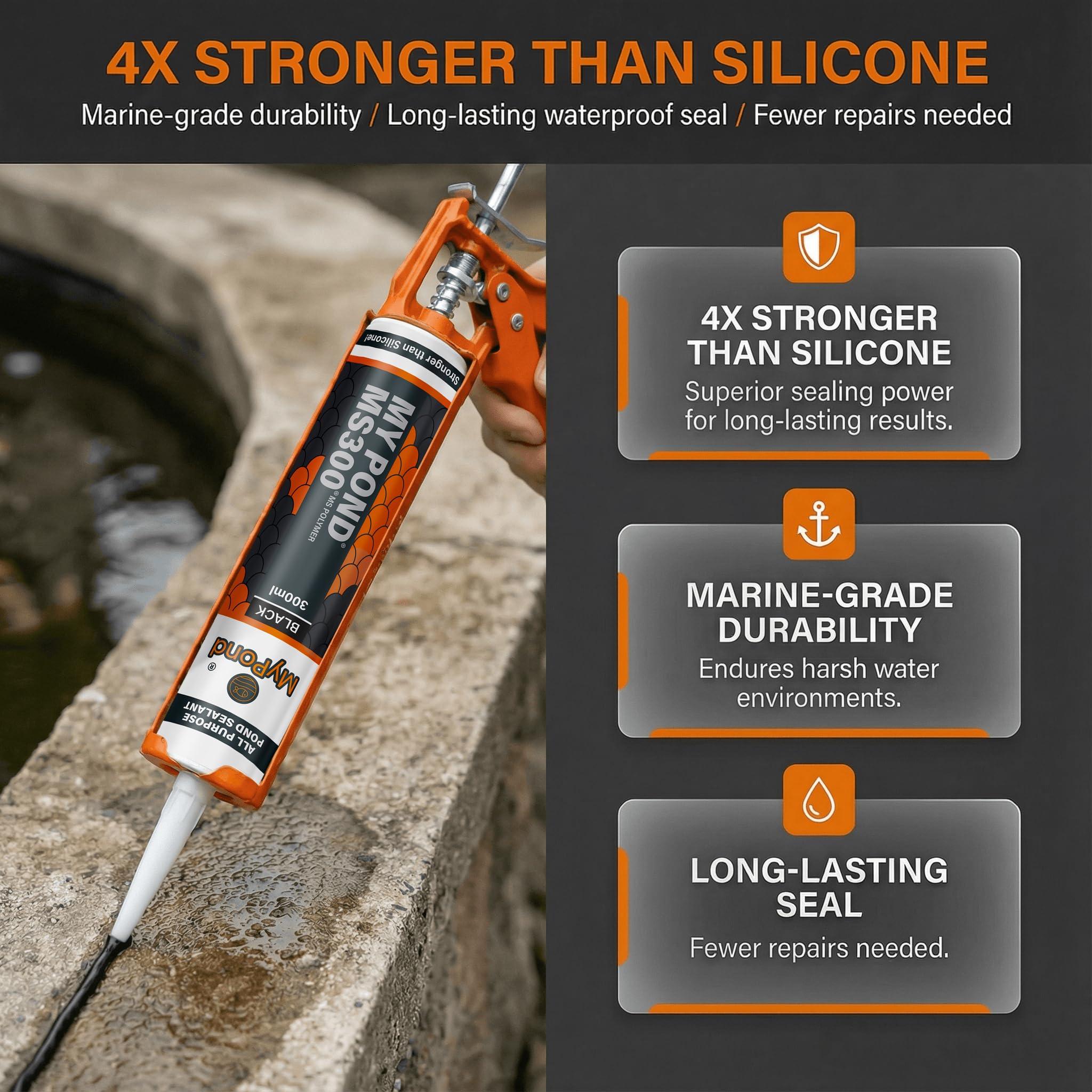 MS300 - Sigillante marino nero, sigillante per finestre, stagno, cemento, vetro, metallo, adesivo polimerico MS 4 volte più forte del silicone per acquario, adesivo per stagni (nero, 300 ml