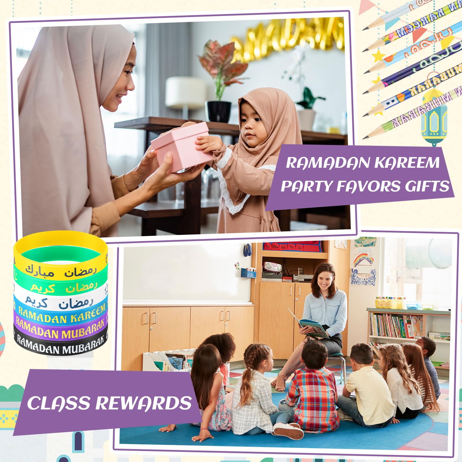 Feifeiya 96 Pcs Ramadan Eid Mubarak Gifts, Eid Pencils Ramadan Wristbands Party Favors Muslim Gifts for Kids Students Classroom Party Supplies