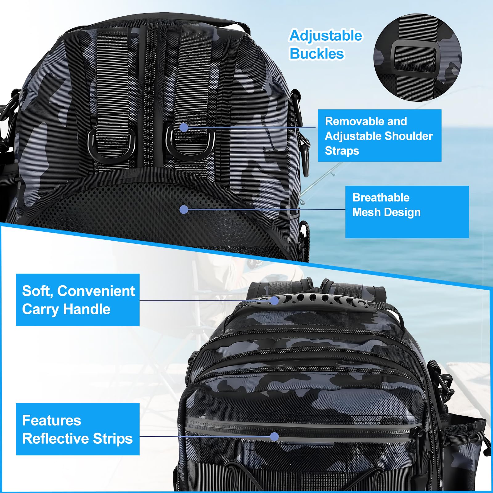Angelrucksack mit Rutenhalter, Wasserdicht Angeltaschen 18L, Angelausrüstung Rucksack Groß mit Reflektierende Streifen für Angeln, Wandern, Radfahren, 41x18x25cm(Schwarz)