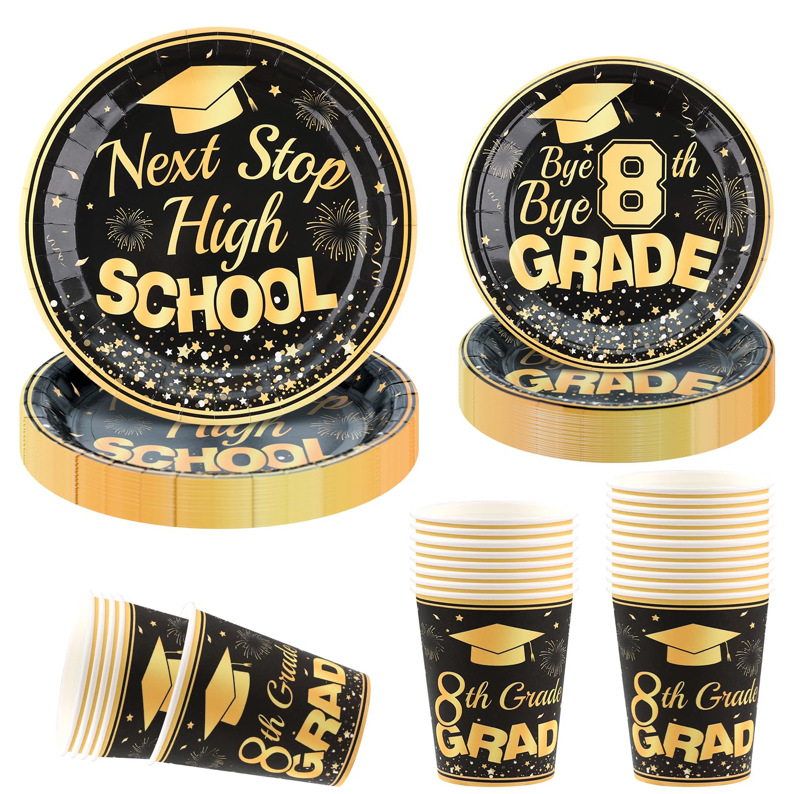 Arosche 8th Grade Graduation Decorations Party Supplies Set for 24-Disposable Paper Plates and Cups Tableware Congrats Grad 8th Grade Class of 2025