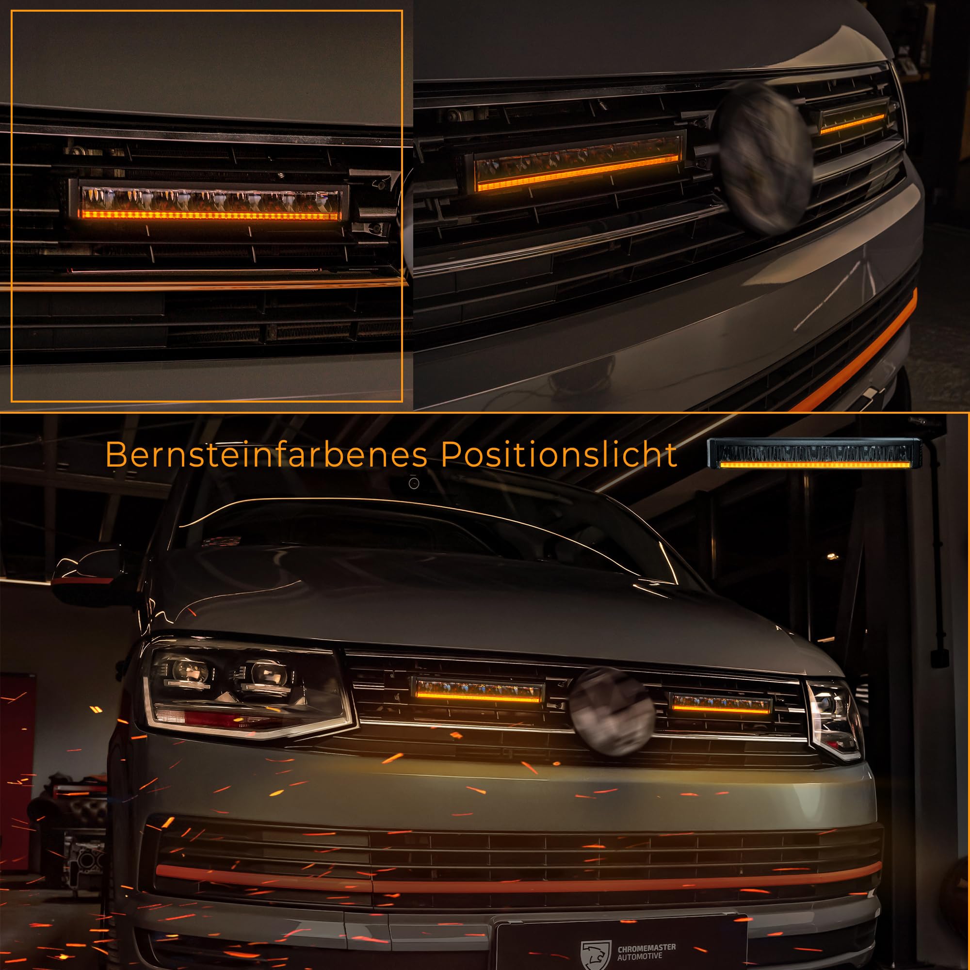 CHROMEMASTER | LED-Lampen im Fahrzeuggrill Kompatibel mit Volkswagen Multivan T6 2015-2019; 2x LED BAR Tagfahrlicht Strands Firefly 10’’, IP68, DT4-Stecker, E-Zulassung, 12-24V DC; 3 Leuchtmodi