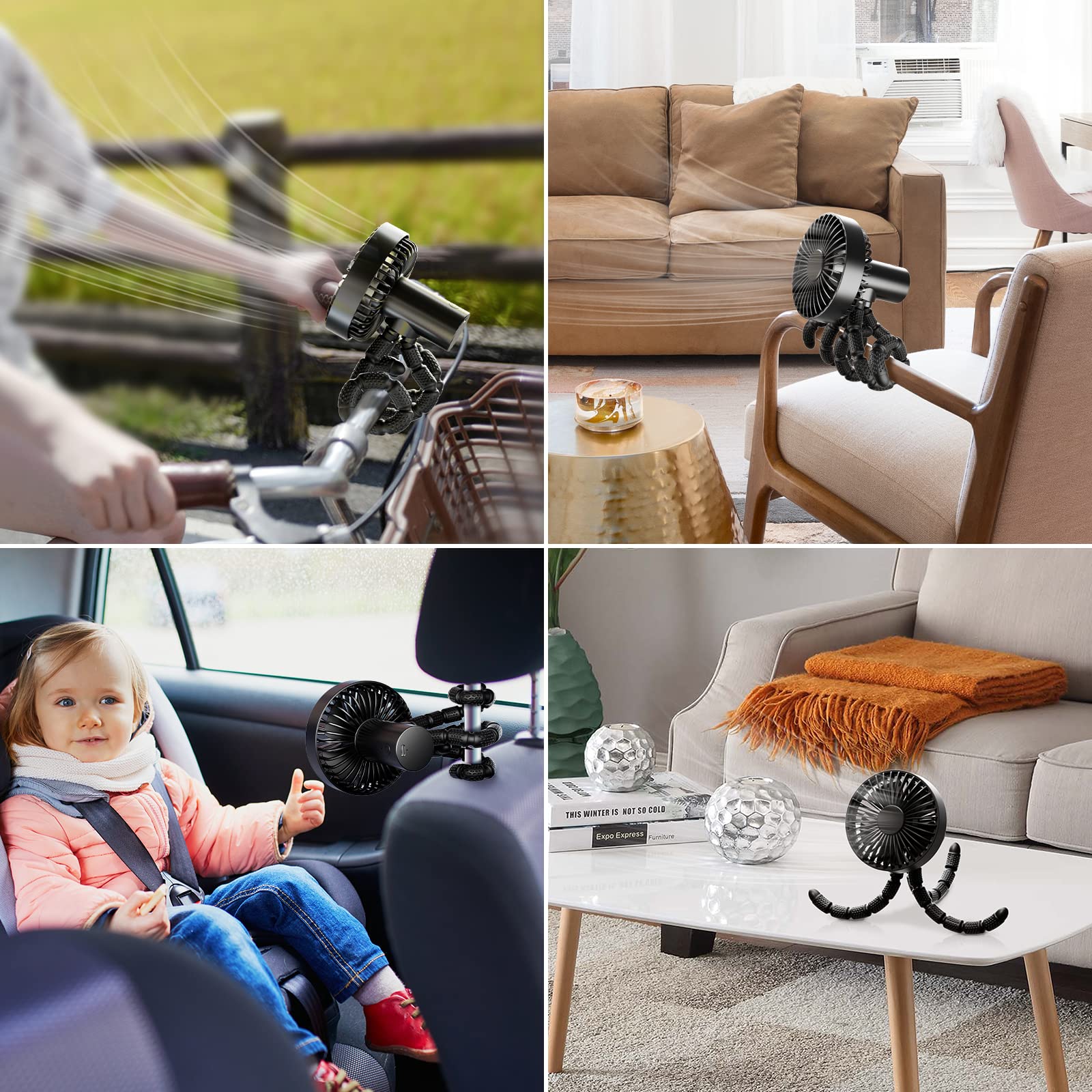 Winique kinderwagenventilator, 2600mAh batterijvoeding, autostoeltjes clip- on ventilator, ultrastil, 3 snelheden, 360° draaibaar, persoonlijke USB- bureauventilator met LED-verlichting voor auto/kinderwagen/fiets/camping/BBQ/gym