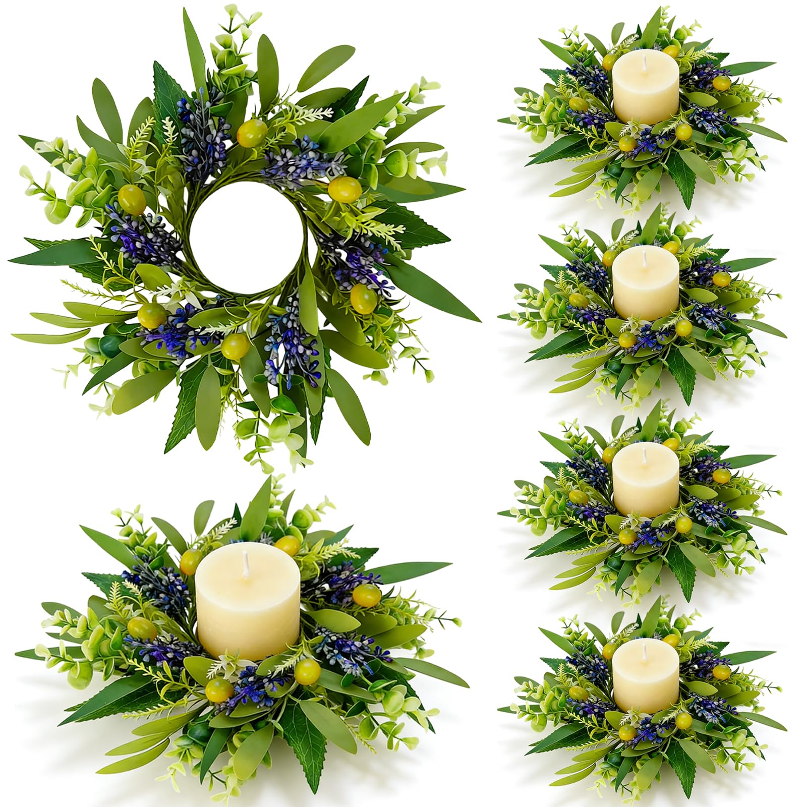 6 PCS Eucalyptus Olive Candle Rings Wreaths Spring Summer Greenery Kitchen Cabinet Wreaths Mini Green Boxwood Leaves Candle Wreath for Pillars Farmhouse Wedding Celebrations Tabletop Decoration