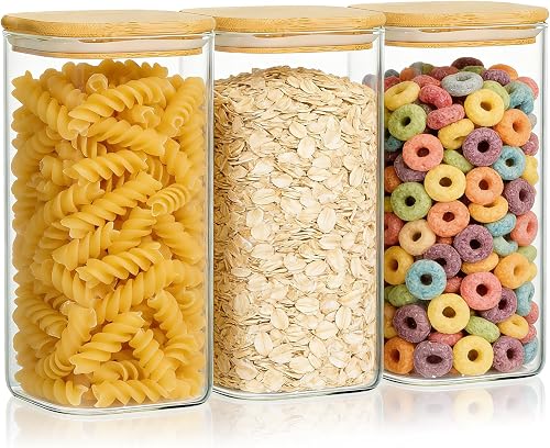 KEYWING 50oz Glass Storage Containers with Airtight Lids for Pantry, 3 Pack