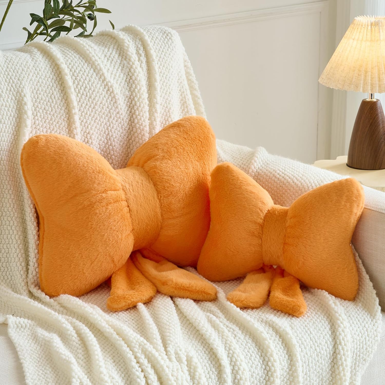 Xuyier Bow Pillows, Bow Shaped Decorative Throw Pillows for Couch Bed, Aesthetic Cute Home Decor Accent Pillows (Orange, Large-16 Inches)