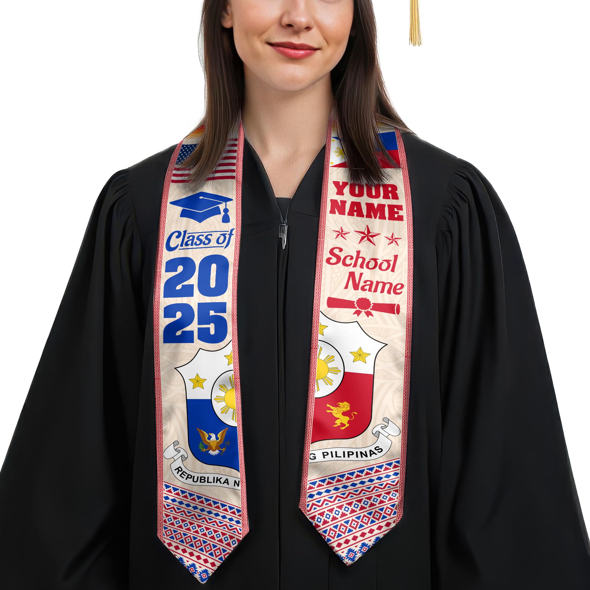 MonkeyVan Custom Filipino Graduation Sash 2025,Personalized Philippines Graduation Stole,Philippine-American Flag Graduation Sash S204