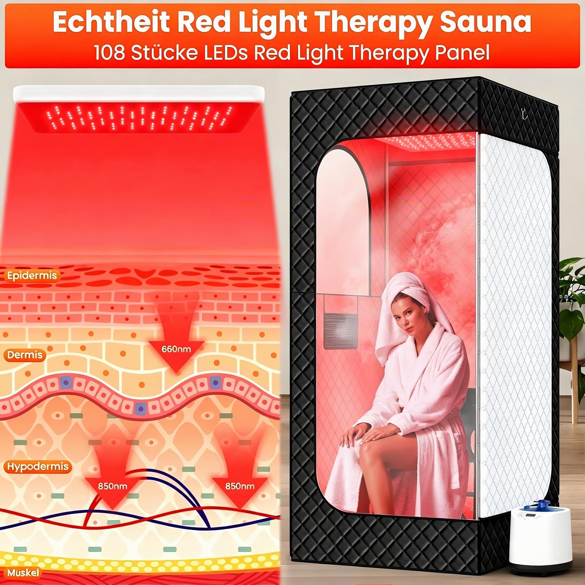 Tragbare Dampfsauna Infrarot Sauna für Zuhause, Dampfgenerator für Dampfbad | 660nm Red Light Therapy, 3L 1200W Schnellaufheizung Dampferzeuger mit Fernbedienung, Portable Sauna zur Entspannung