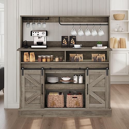 YITAHOME Buffet Cabinets with Storage, 47" Coffee Bar with Goblet Holder & Power Outlet, Farmhouse Sideboard Cabinets with Sliding Barn Doors for Kitchen, Living Room (Rustic Grey Oak)
