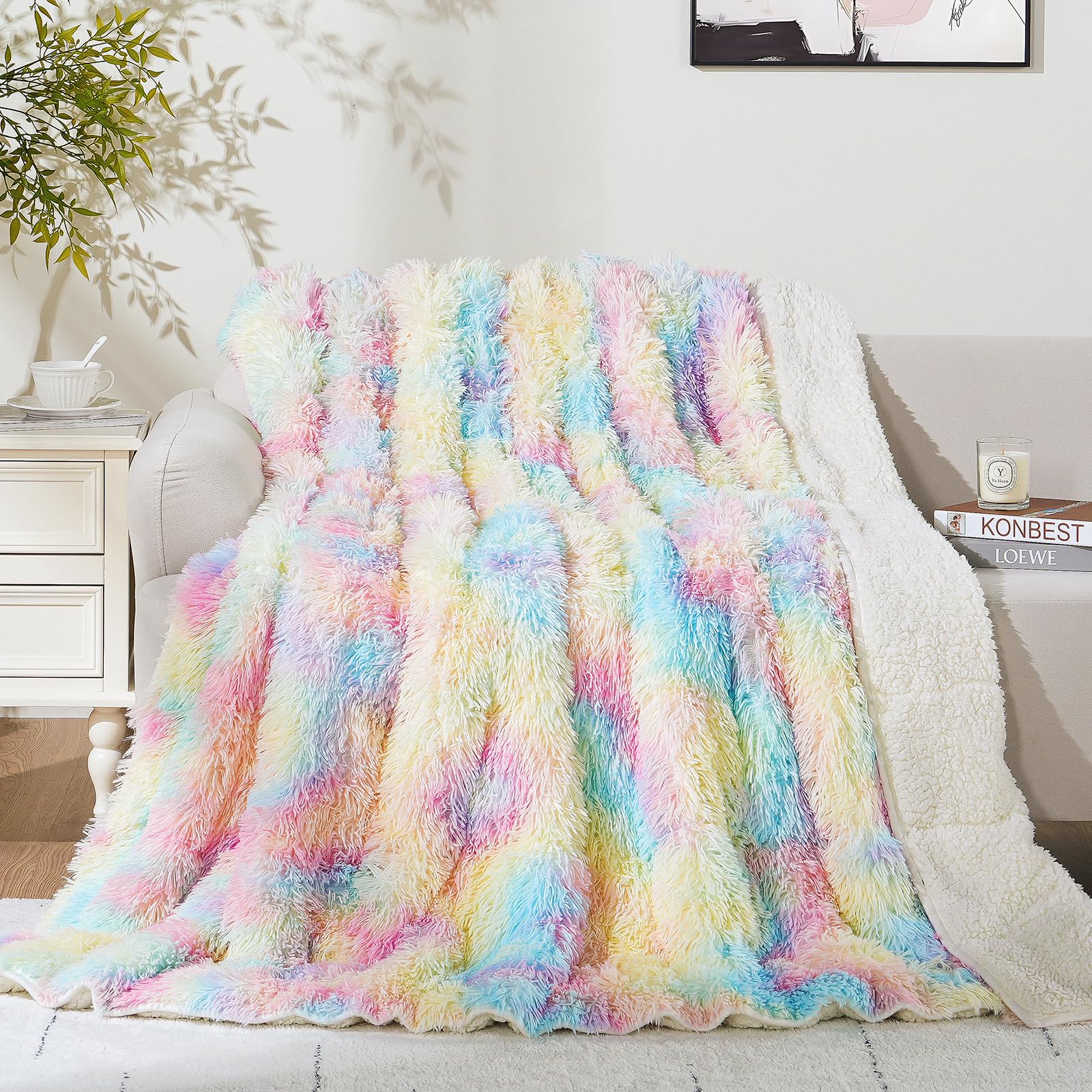 Cottonblue Plush Shaggy Weighted Blanket 20lbs, Ultra Soft Faux Fur Sherpa Blanket, Luxury Fluffy Fleece Reverse Blankets, Warm and Cozy Throw for Bedroom Sofa Floor Decor, 60"x80", Rainbow