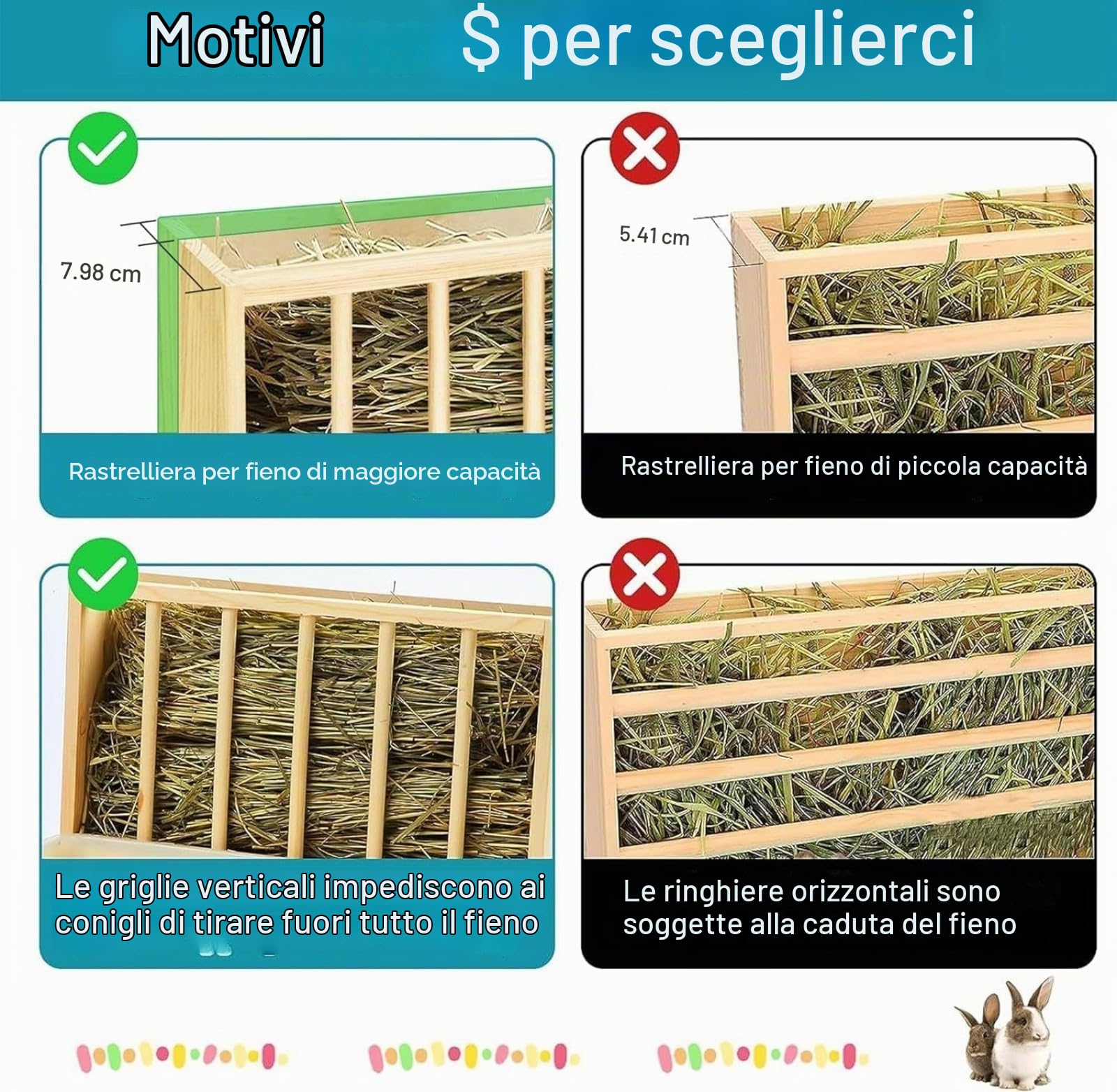Lettiera 4 in 1 per piccoli animali da compagnia, criceti, furetto, mangiatoia, mangiatoia per fieno coniglio, mangiatoia per fieno in legno, per coniglio con vassoio (non bottiglia d'acqua)