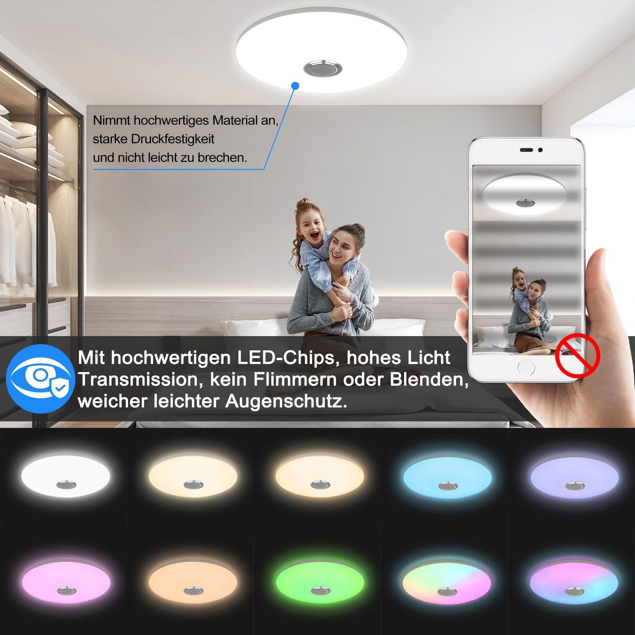 YRHome Lampada da soffitto a LED RGB ultra sottile, dimmerabile, con altoparlante Bluetooth, telecomando, lampada da soffitto, rotonda, con riproduzione musicale, per soggiorno, camera da letto, 60 W