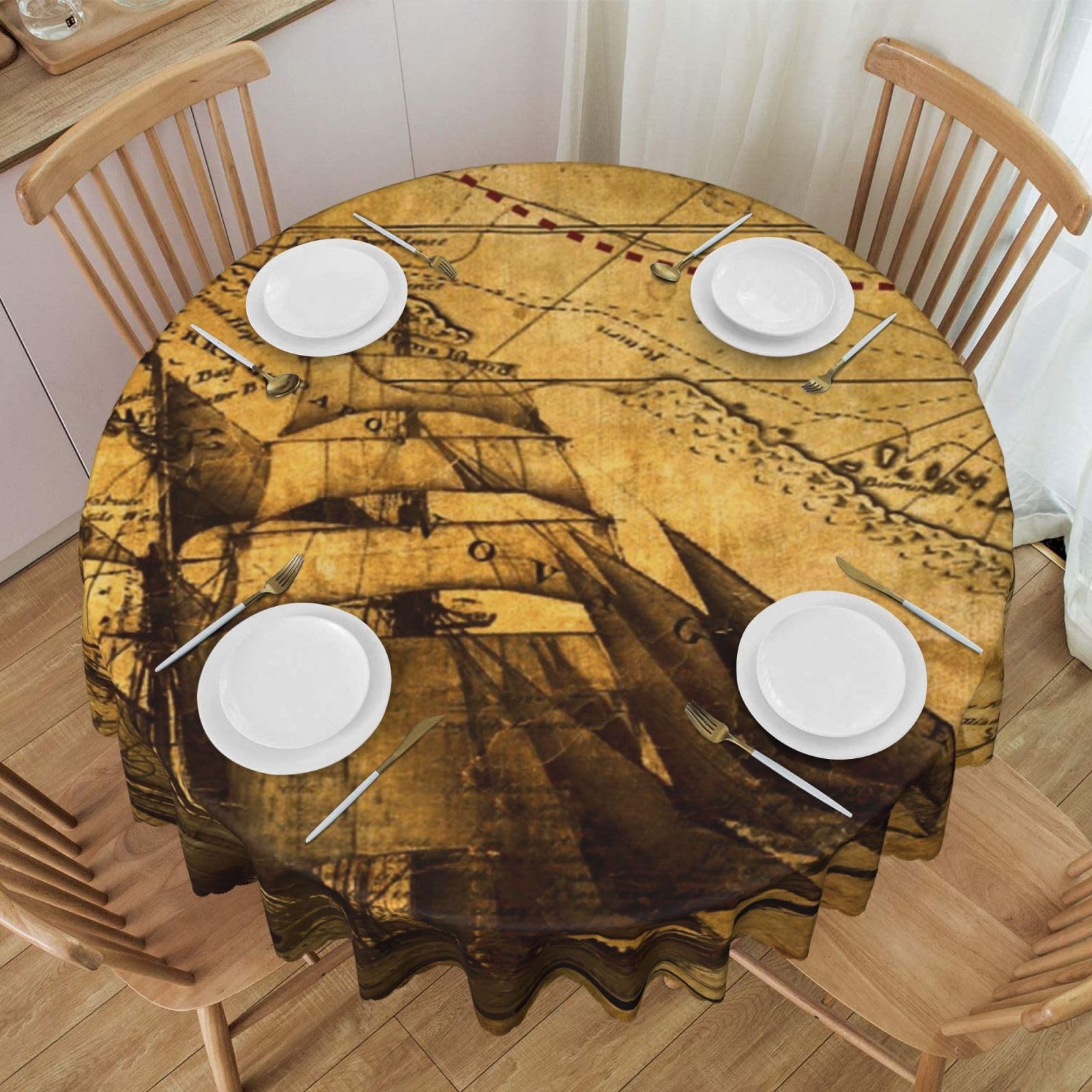 DCEHGEW 60 In Round Tablecloth with Lace, Nautical Sailing Pirate Theme Printed Oilproof & Washable Fabric Picnic Table Cloth Table Covers