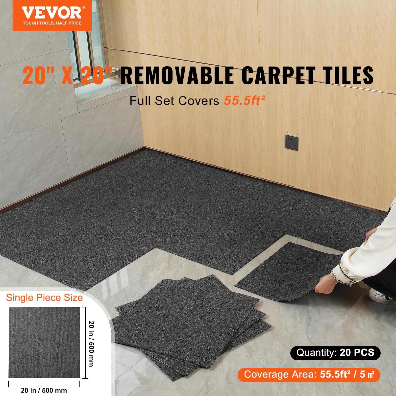 VEVOR Quadrotte in Moquette Riutilizzabili, 500 x 500 mm Quadrati in Moquette con Imbottitura Attaccata, Quadrotte in Moquette Morbida Imbottita, per Camera Interni esterni 20 Quadrotti, Grigio scuro