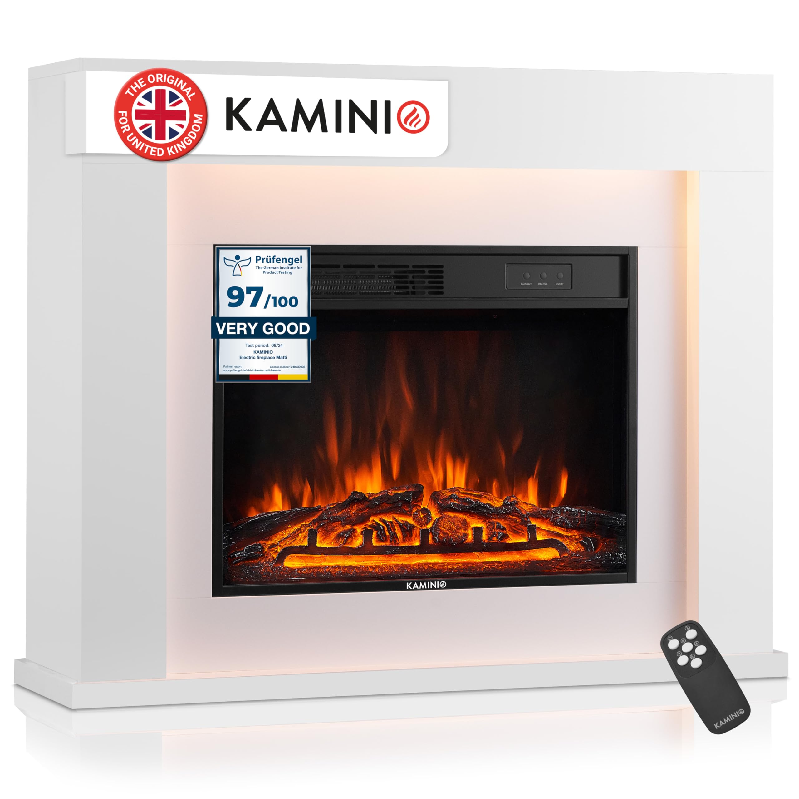 KAMINIO Electric Fireplace MATTI - Freestanding 38 inch Fireplace with Heater, 3D Flame Effect, LED Mood Light, Remote Control - White