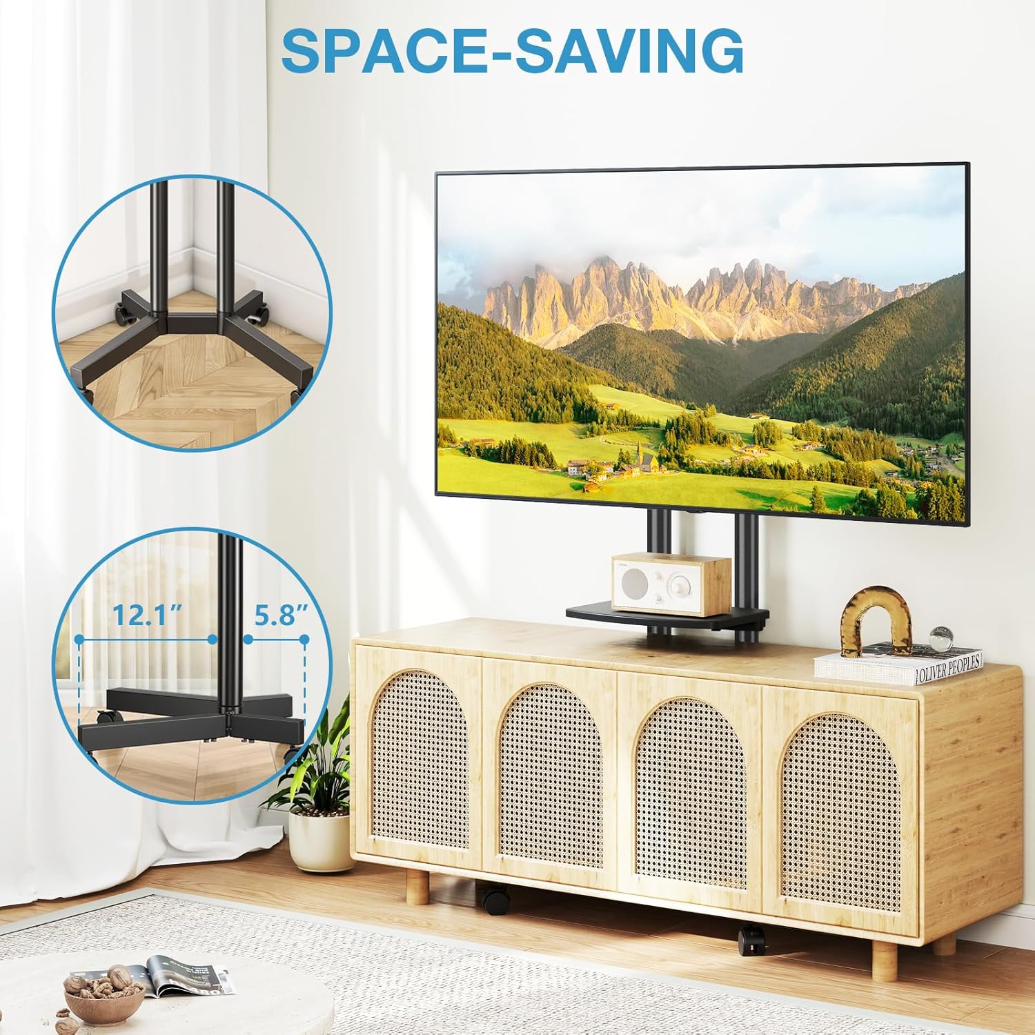 YOMT Portable Rolling TV Stand for 32-75 inch TVs, Height Adjustable Mobile TV Cart with Locking Casters, Heavy Duty Universal TV Stand On Wheels with Removable Shelf for Living Room, Bedroom, Office