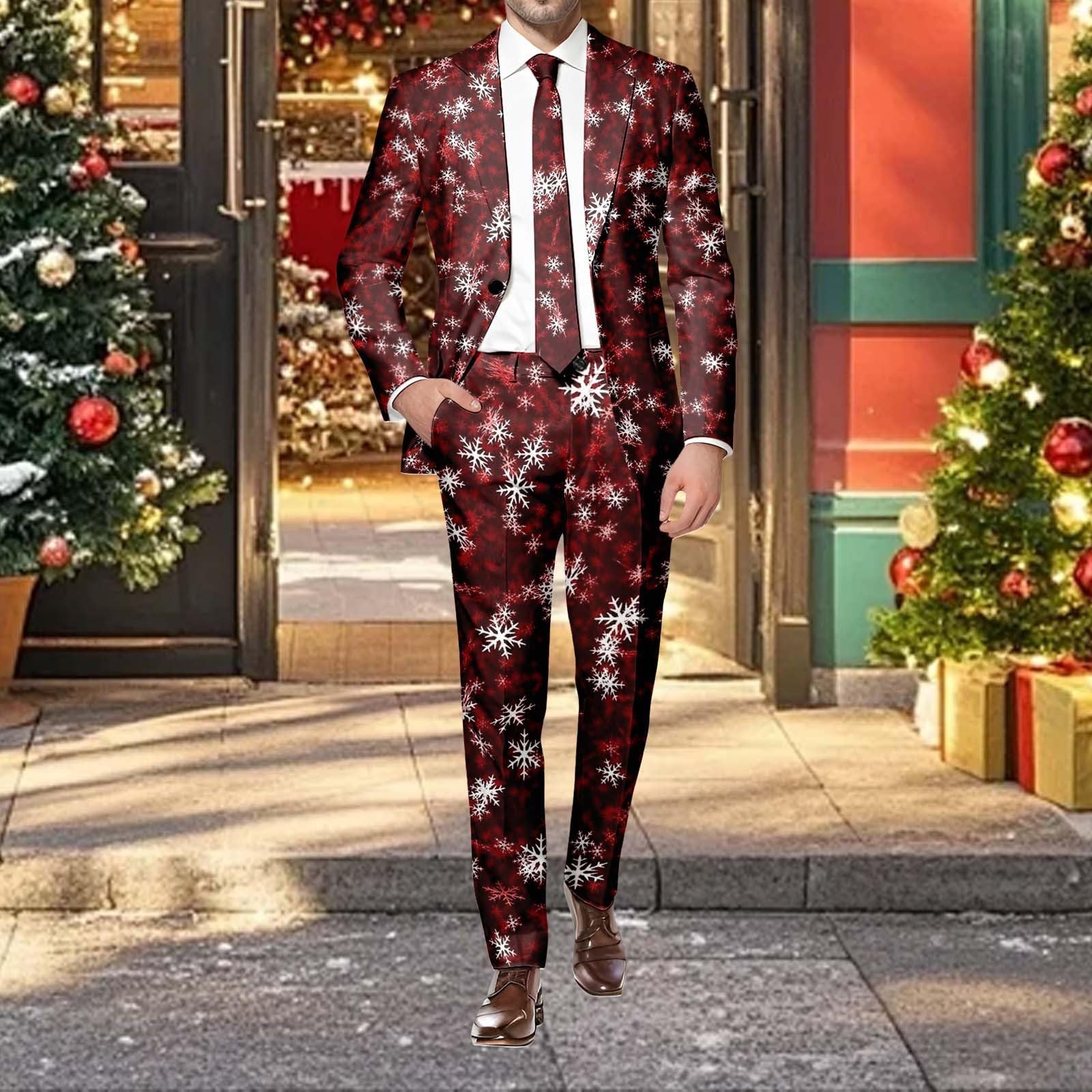 Completo Uomo Elegante 2 Pezzi Natalizio Oversize Vintage Tuta da uomo con Giacca e Pantalone Slim Fit con Stampa di Natale Autunno Inverno Regular Fit Maniche Lunghe Alla Moda per Cocktail Carnevali