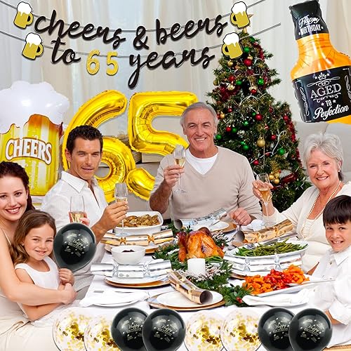 Miniatura 3 de Decoraciones de cumpleaños 65 para hombres, decoraciones de cumpleaños 65 con globos dorados del número 65 de 40 pulgadas, pancarta de felicitación