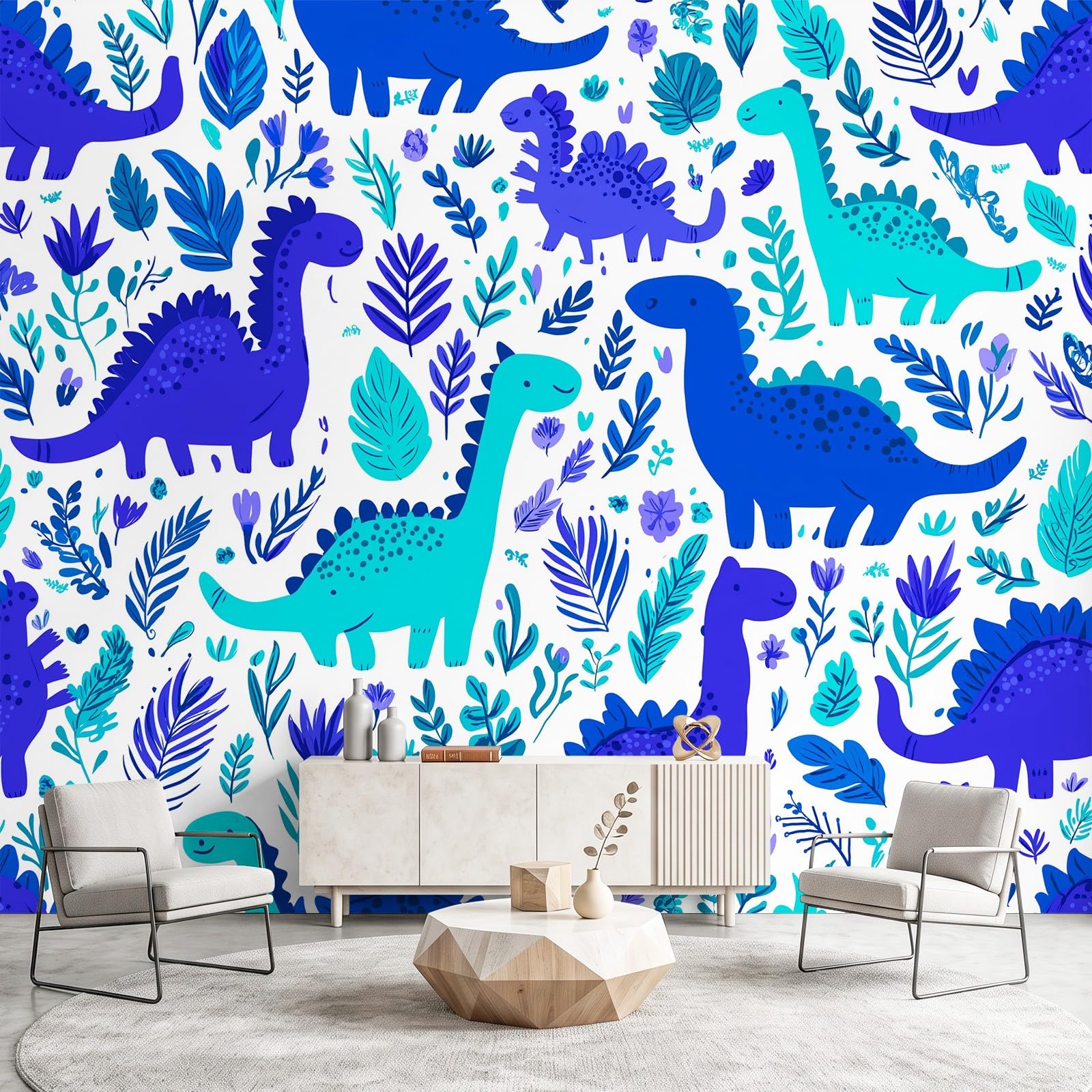 Tapeta 3D przytulna, zabawna, kreskówkowa, 315 x 215 cm, mural ścienny, dinozaur, zwierzę, niebieska tapeta do sypialni, przedszkola, malowniczego ogrodu