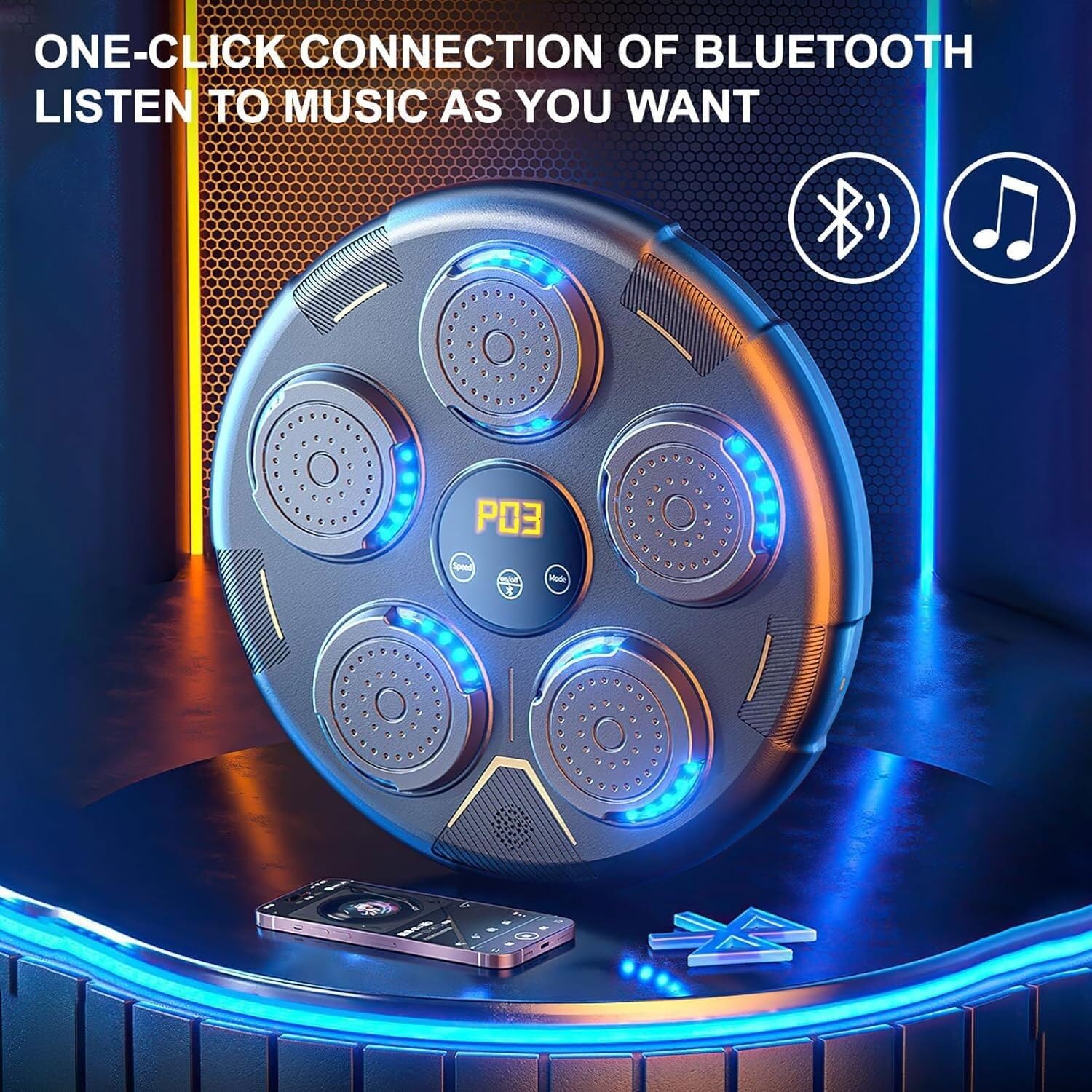Máquina de boxeo de música electrónica, objetivo de entrenamiento musical Bluetooth inteligente, ajuste de 9 niveles Entrenador de reacción de conteo inteligente, objetivo de pared con luz rítmica for