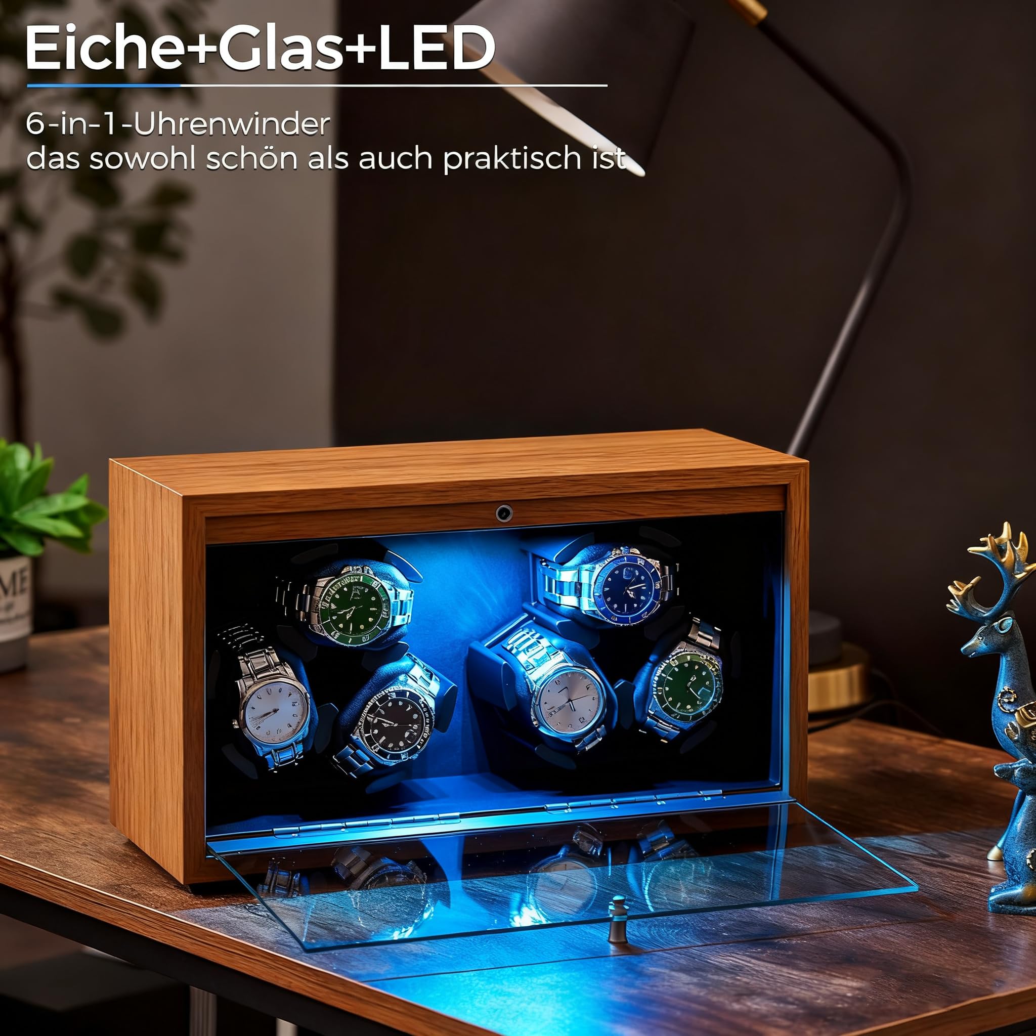 ANWBROAD Uhrenbeweger für 6 Uhren Spinner mit LED und Superleisen Mabuchi-Motor Automatik Uhrenbeweger 4 Rotationsmodi Uhrenschüttler Geschenk JWW003A