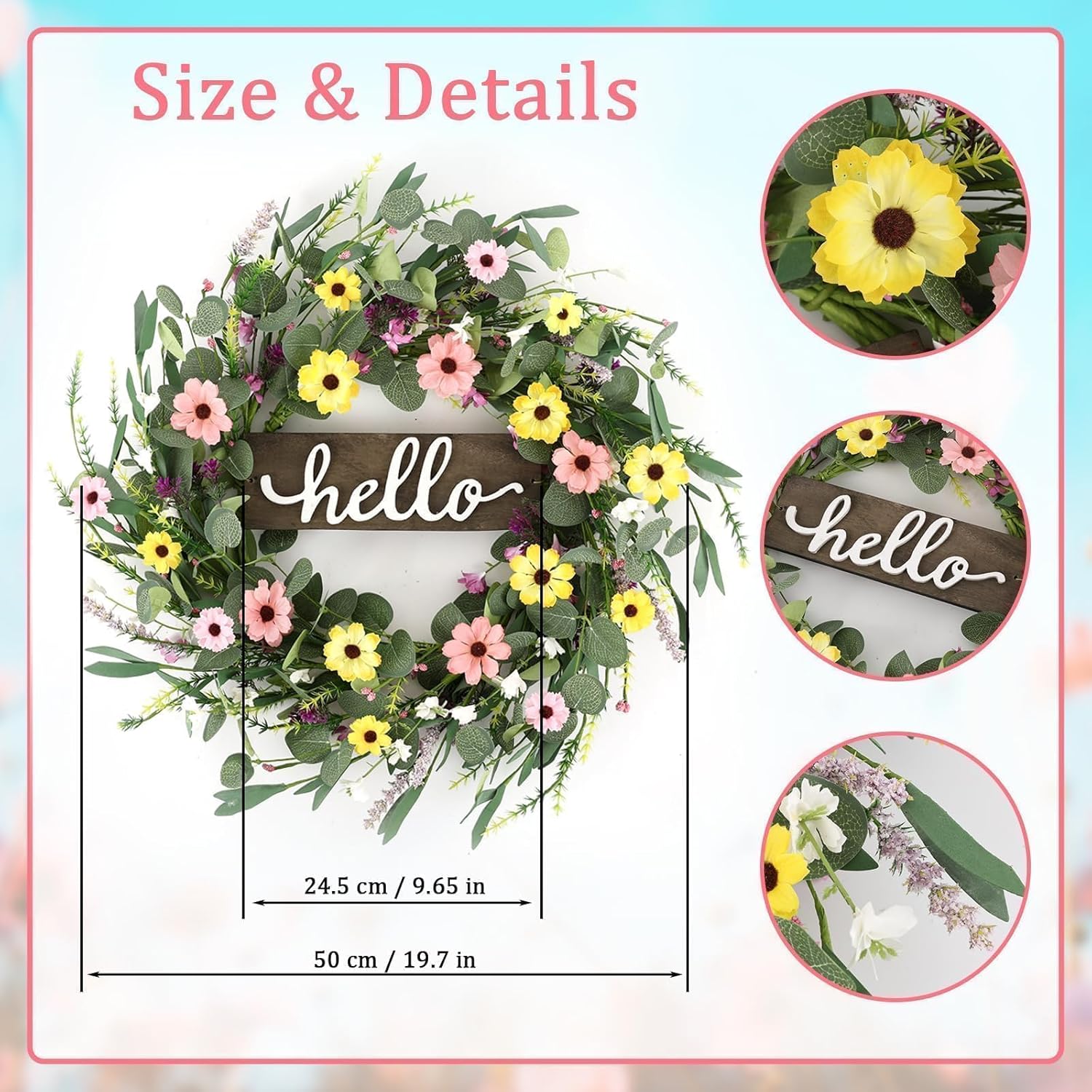 Summer Wreath for Front Door Colorful Daisy Floral Spring Wreath with Hello Sign Eucalyptus Wildflower Wreaths for Indoor Outdoor Wall Window Festival Wedding Farmhouse Celebrations Decor