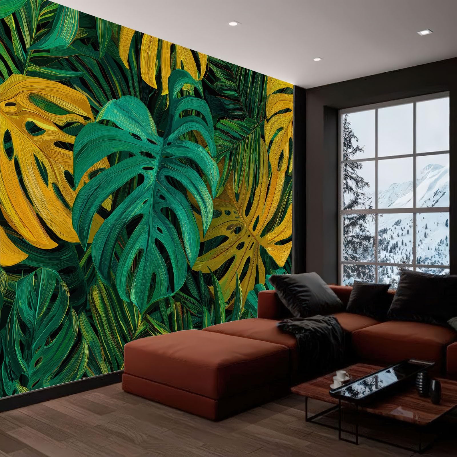 Tropical Botanical Mural Wallpaper 250 x 175 cm, Yellow Green Monstera Leaves Wall Murals Bedrooms Large Photo Wallpaper Art Decor Paper Poster for Living Room Kitchen Office Kids