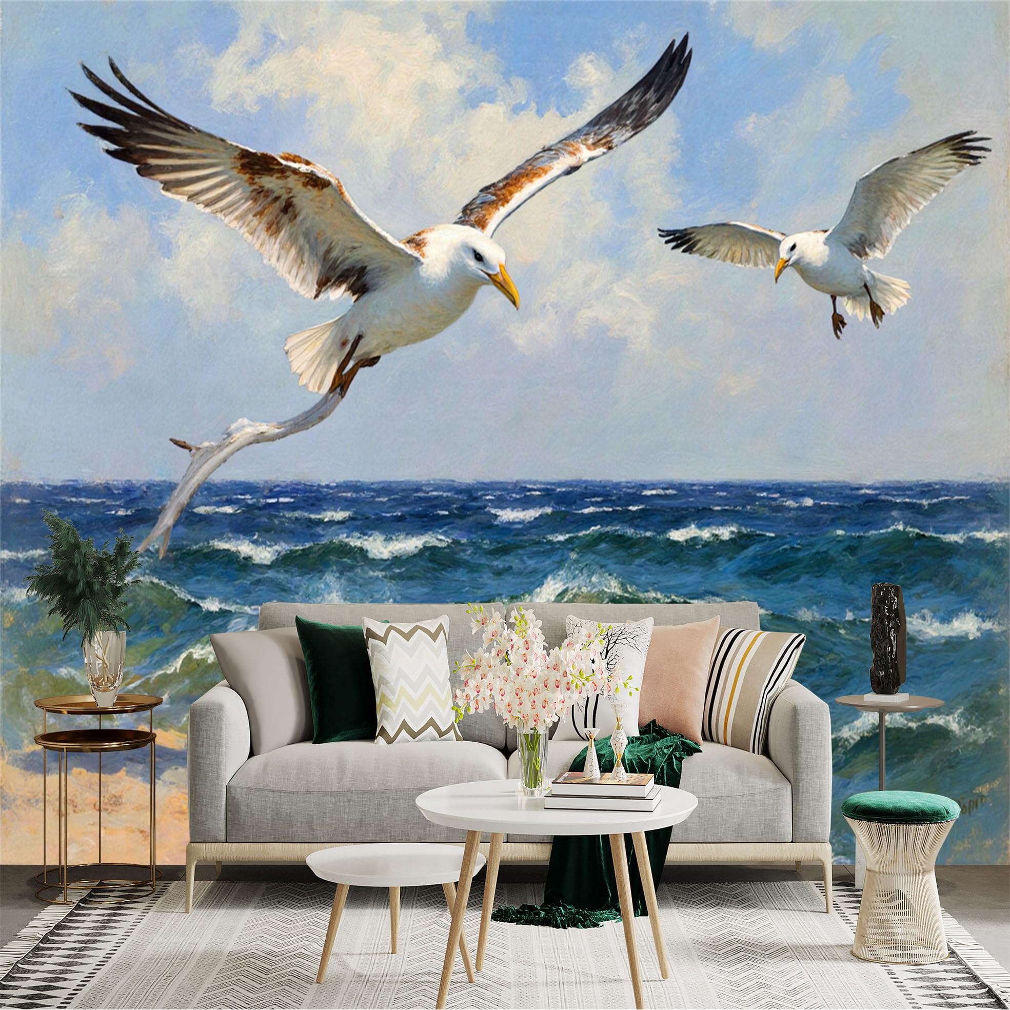 Custom Size Wall Sticker Mural， Seagulls Flying Over Ocean Waves and Blue Sky， for wall Decoration， peelandstick wall Decals.