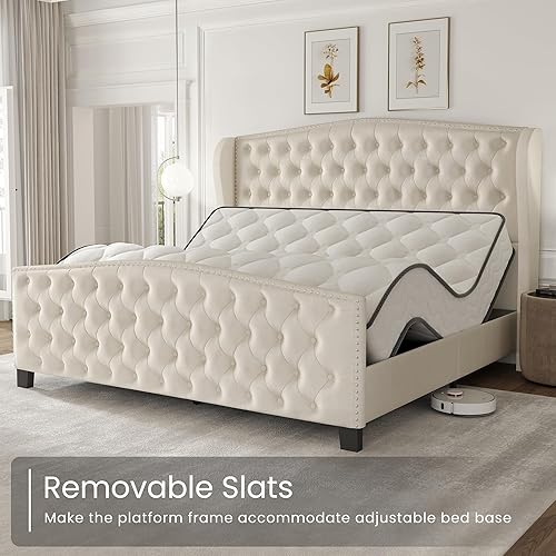 Miniatura 9 de LARMACE Marco de Cama Tamaño King de Plataforma Tapizada en Terciopelo con Cabecera Wingback y Pie de Cama, Marco de Cama con Capitoné de Botones