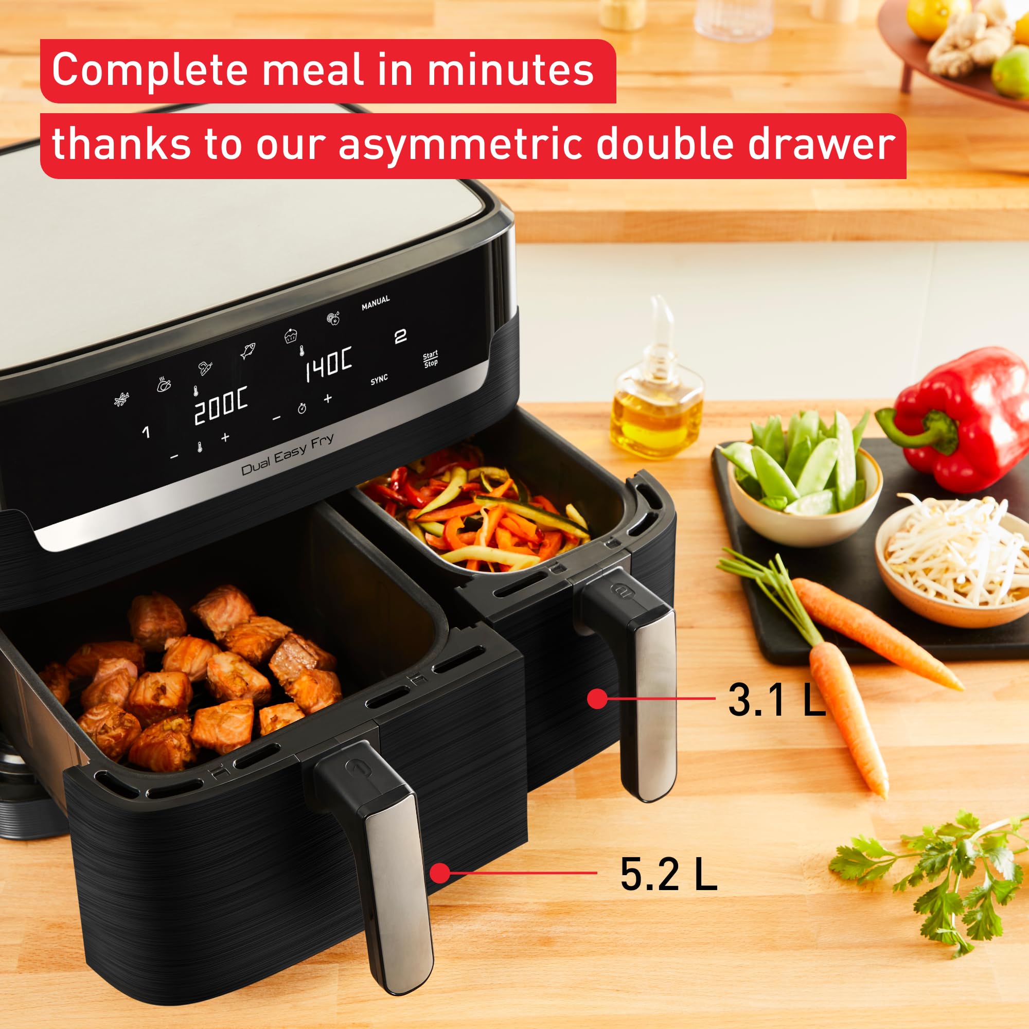 Tefal Dual Easy Fry EY9018 - Freidora de aire caliente de doble cámara (5,2/3,1 L, dos cajones independientes, 7 programas automáticos, ahorro de energía), color negro