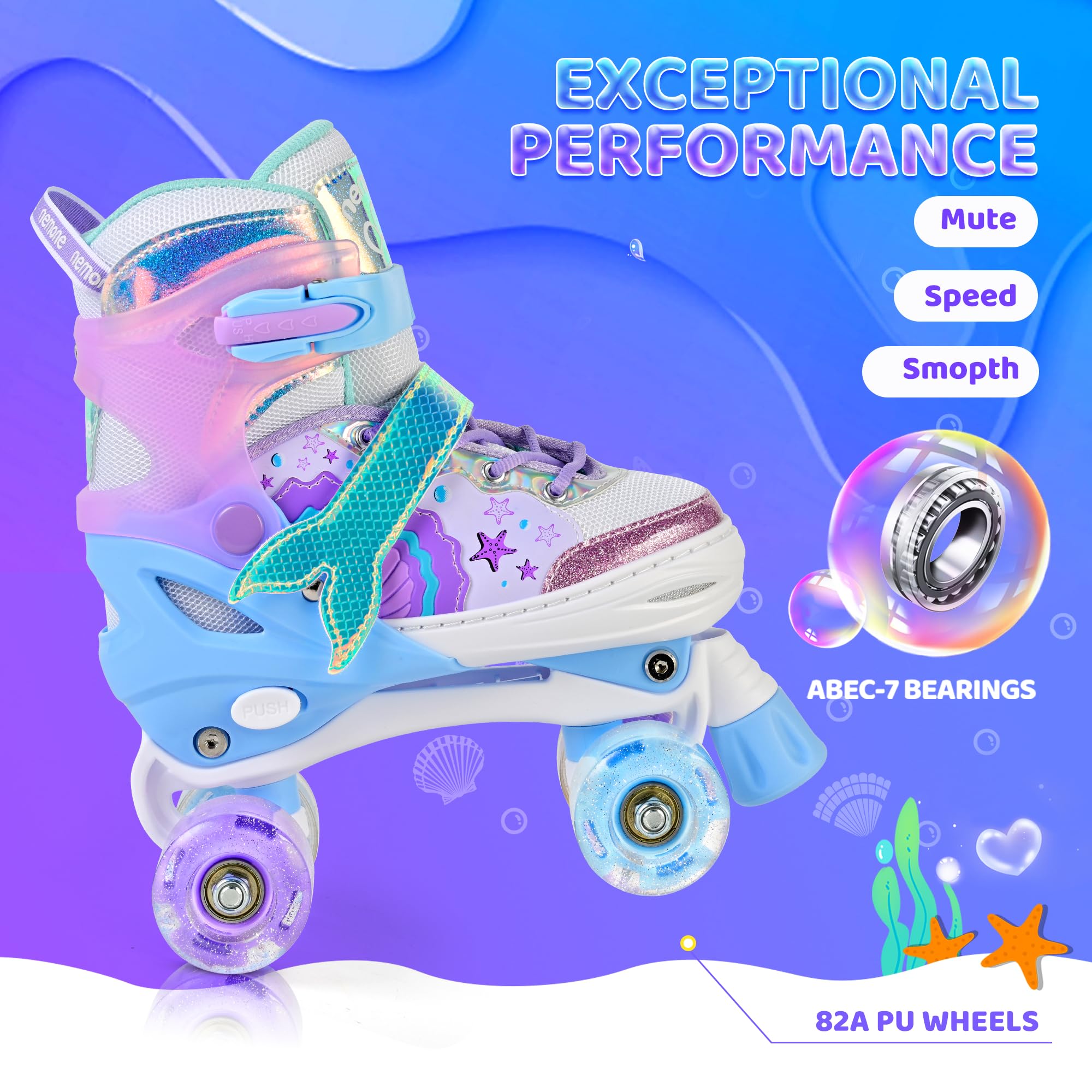 NEMONE Mermaid 4 Size Adjustable Light up Roller Skates for Girls, Purple Blue Skates for Toddlers, Beginner Kids Butterfly Roller Skates Indoor Outdoor