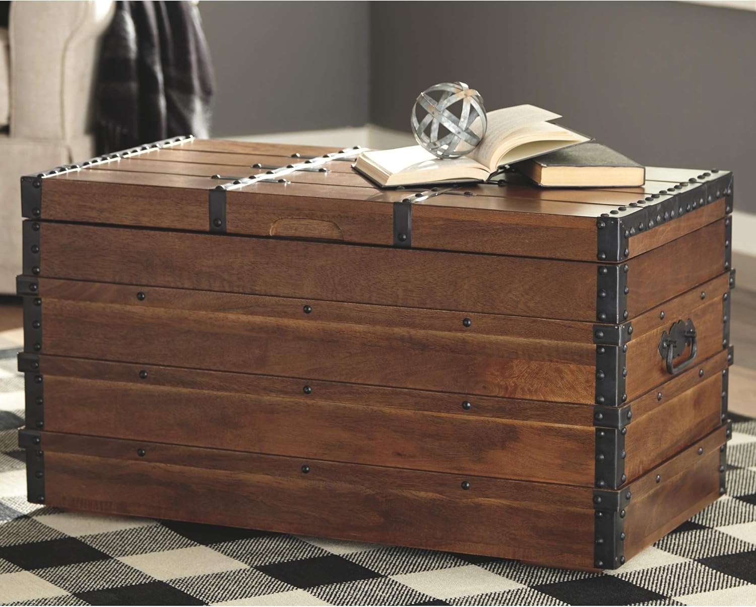 Signature Design by Ashley Kettleby Vintage Wood Storage Trunk or Coffee Table with Lift Top 19", Brown : Home & Kitchen
