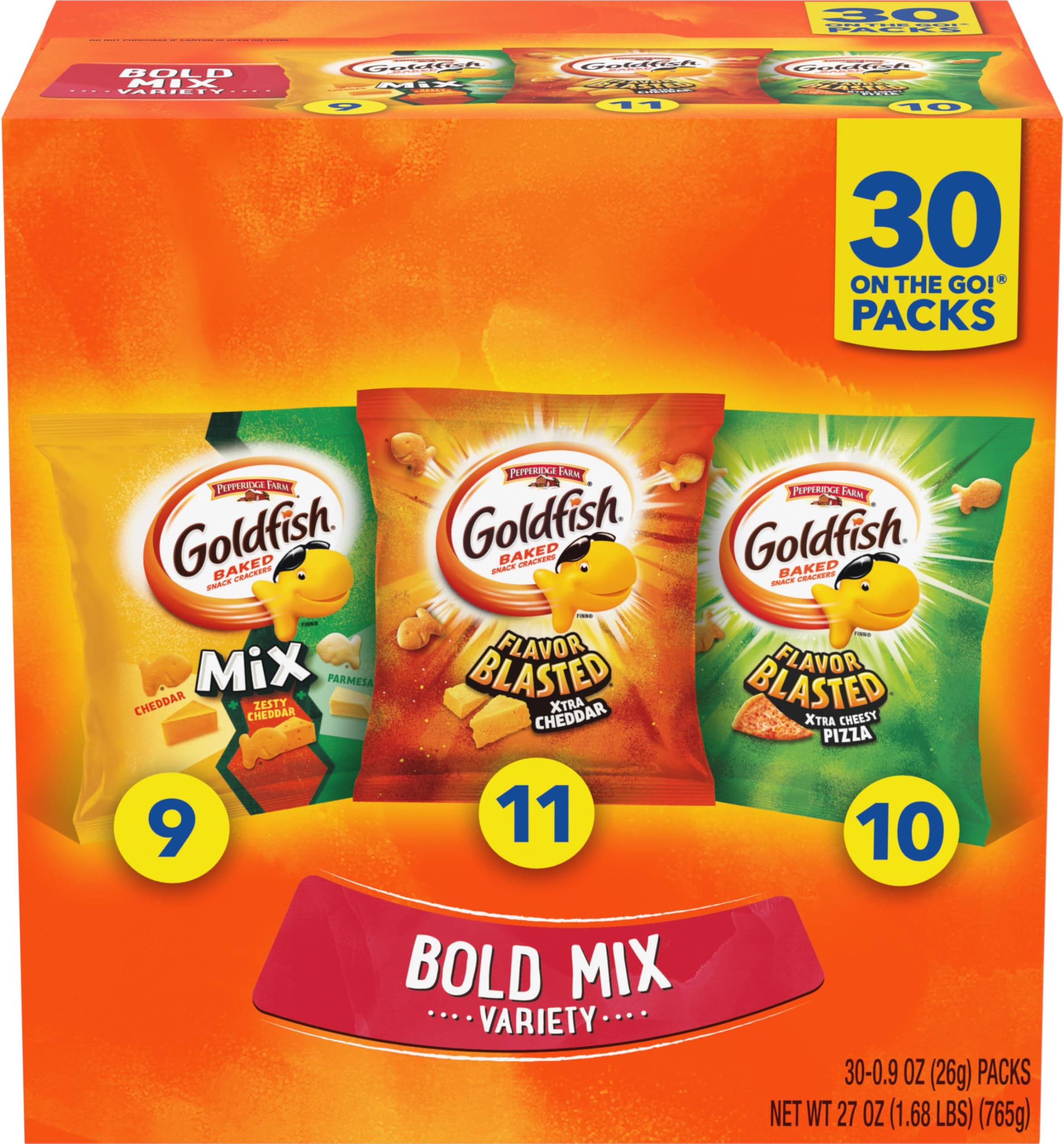 Goldfish Bold Mix Variety Pack Snack Crackers, 1 oz Snack Packs, 30 Ct Box