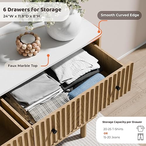 Miniatura 4 de Cómoda acanalada con 6 cajones para dormitorio, cómoda moderna de 54 pulgadas de ancho con parte superior de mármol sintético, diseño de perfil